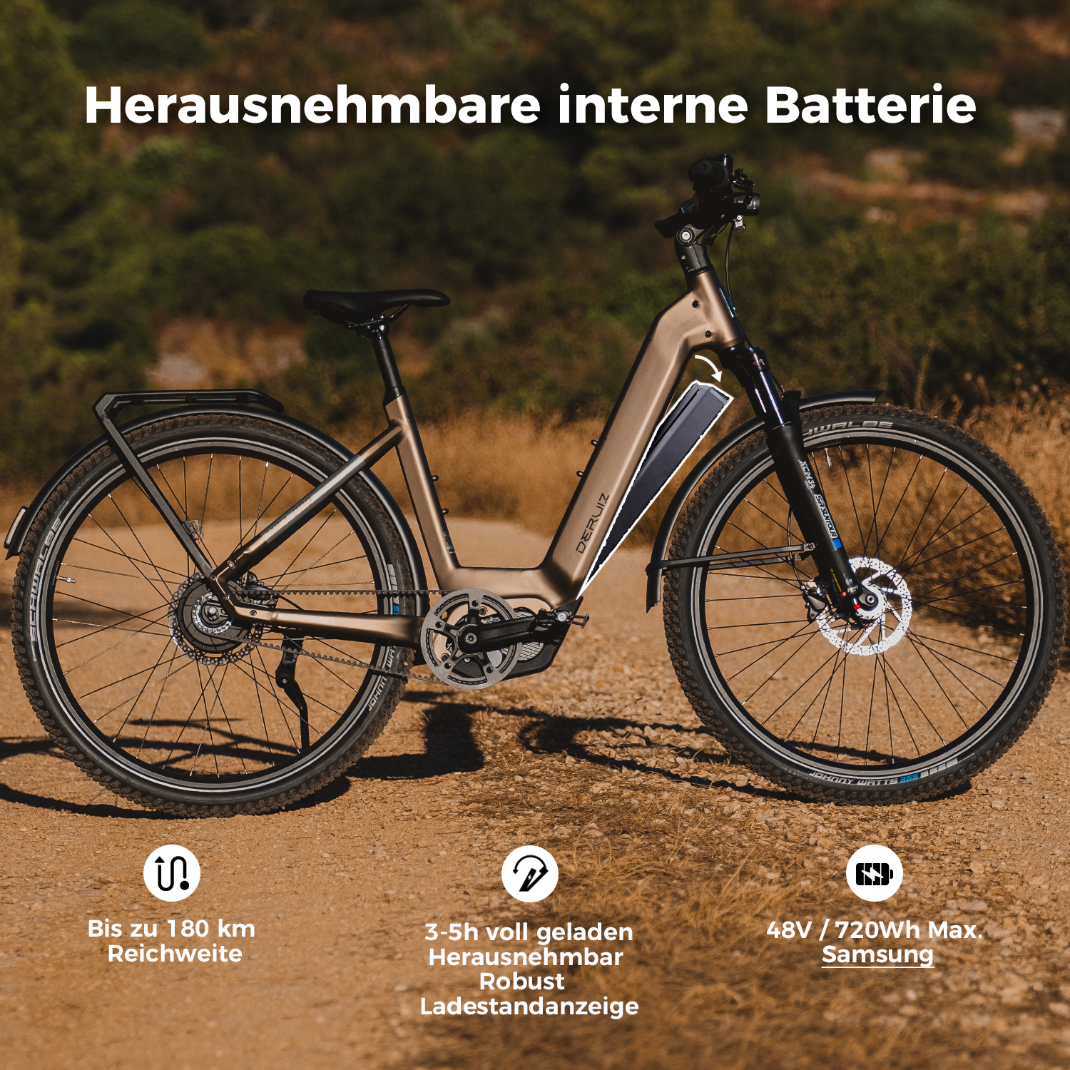 Ein goldbraunes E-Bike mit herausnehmbarer Batterie steht im Freien.