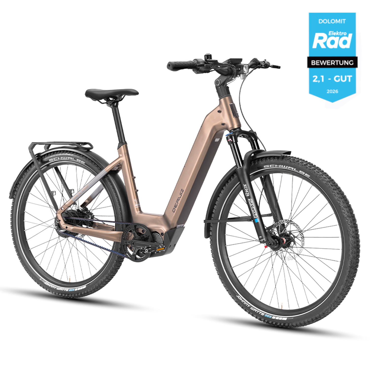 Ein bronzenes E-Bike mit schwarzen Reifen und Gepäckträger, weißer Hintergrund.