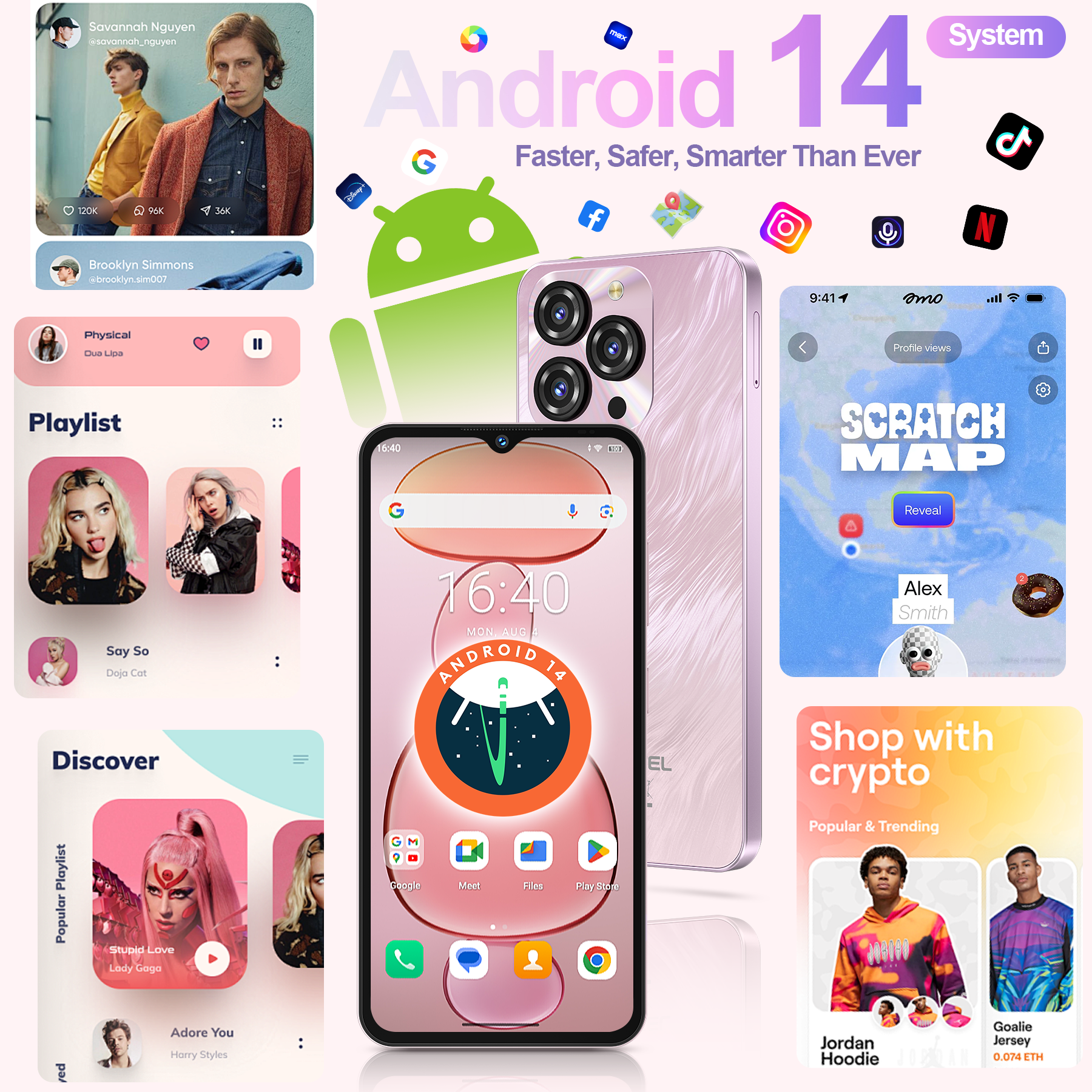 Interfaz de usuario del sistema Android 14 con apps, teléfono y contenido.