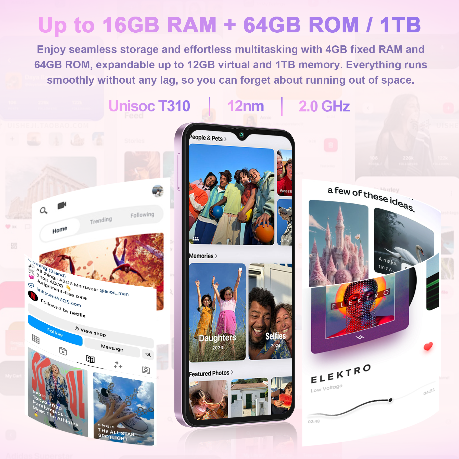 La imagen muestra un smartphone con varias aplicaciones abiertas, redes sociales y música.