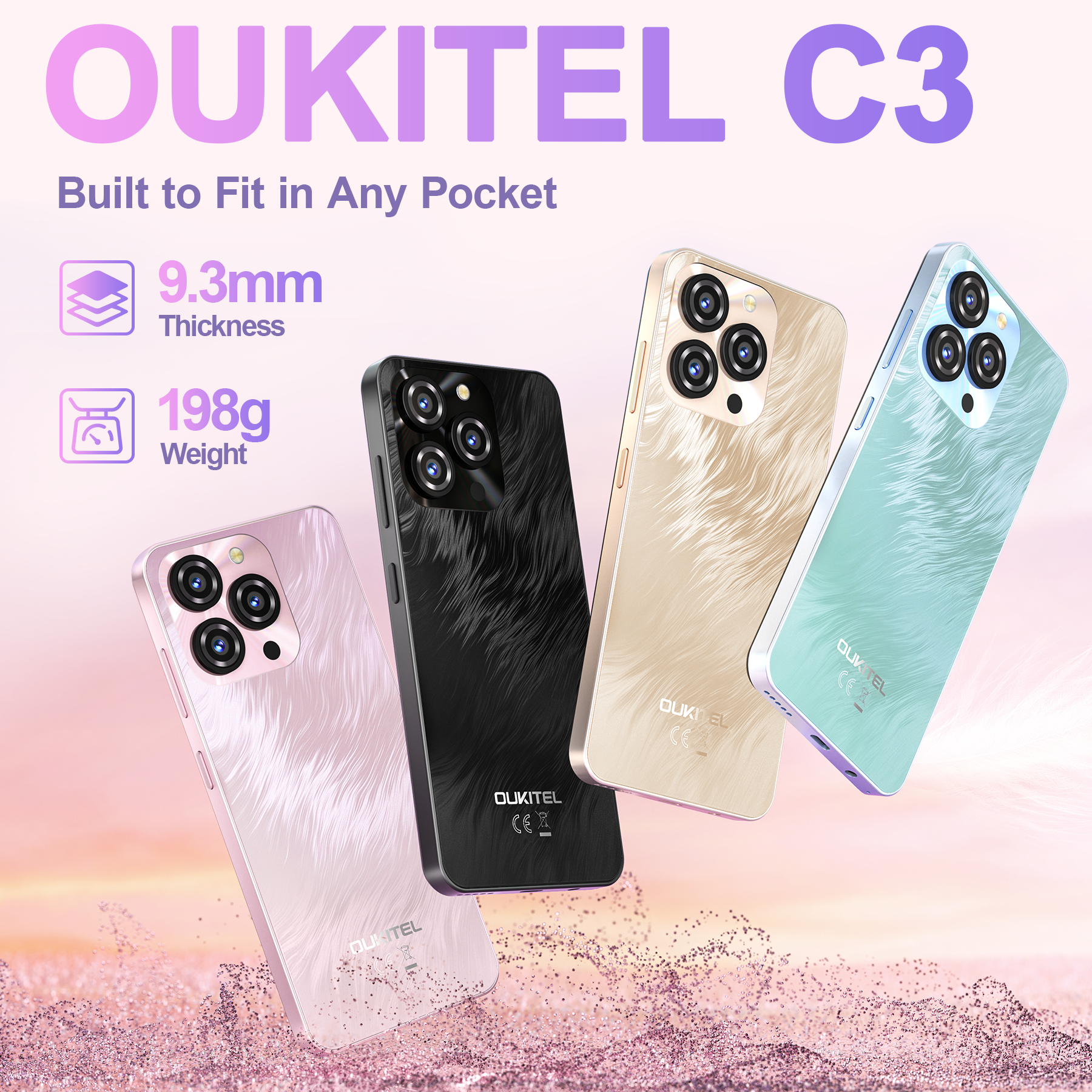 Cuatro teléfonos OUKITEL C3 en rosa, negro, dorado y verde menta con traseras texturizadas.