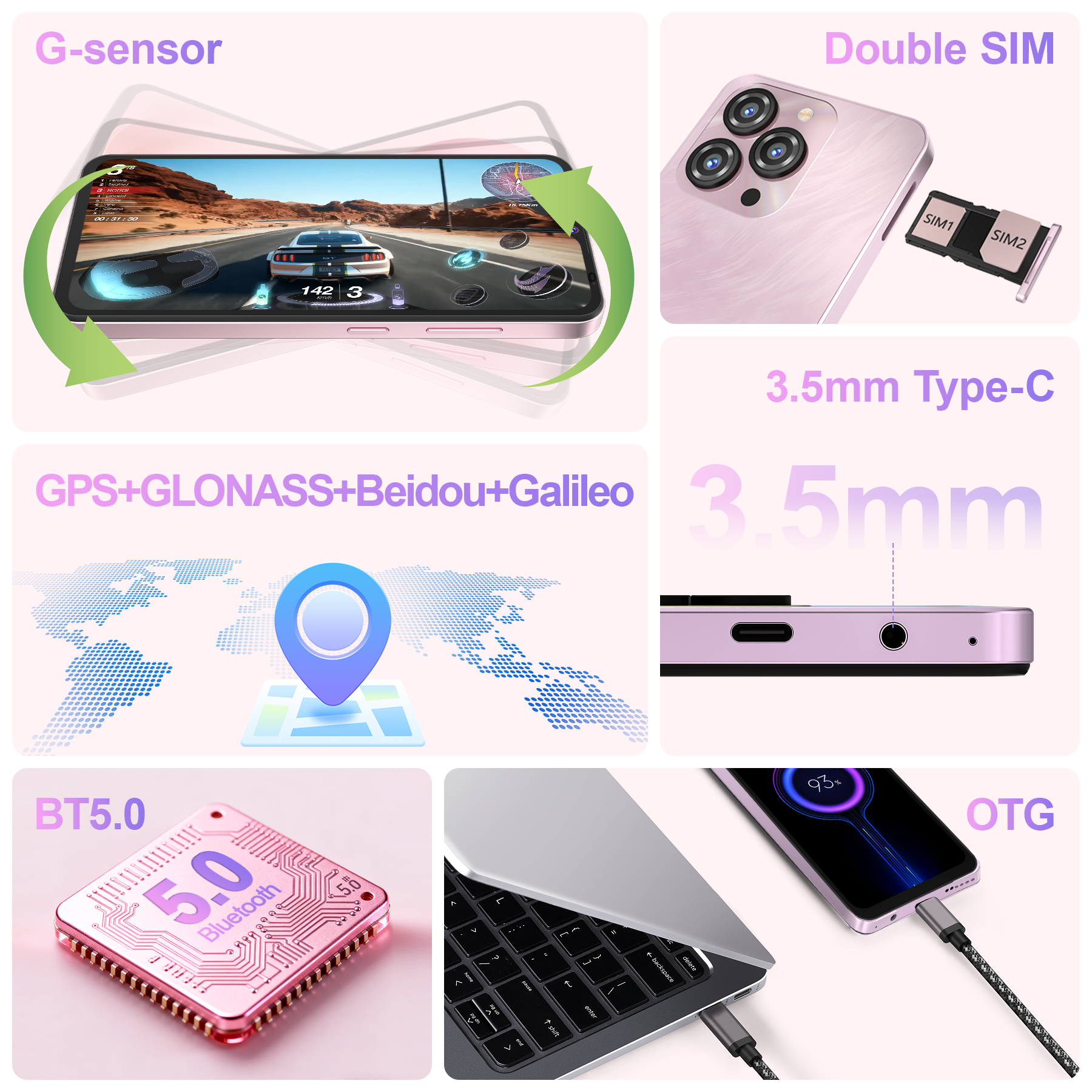 Funciones del teléfono: juego G-sensor, Doble SIM, GPS, audio de 3,5 mm, Bluetooth 5.0, OTG.