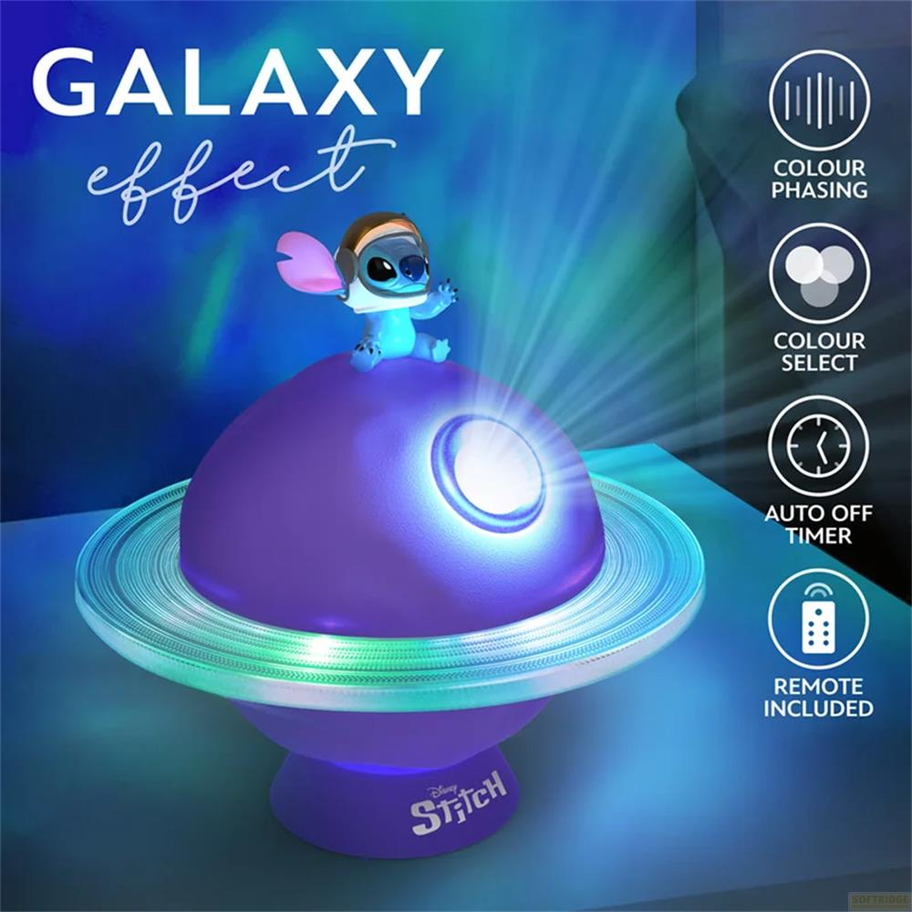Stitch siedzi na fioletowej lampce planetarnej. Tekst głosi 'Galaxy Effect'.