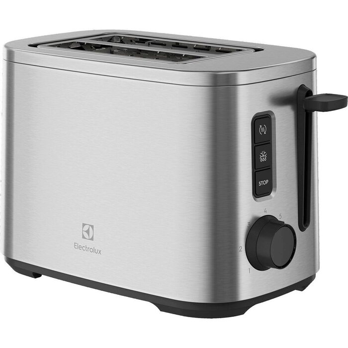 Ein silberner Electrolux-Toaster mit zwei Schlitzen und Bedienelementen.