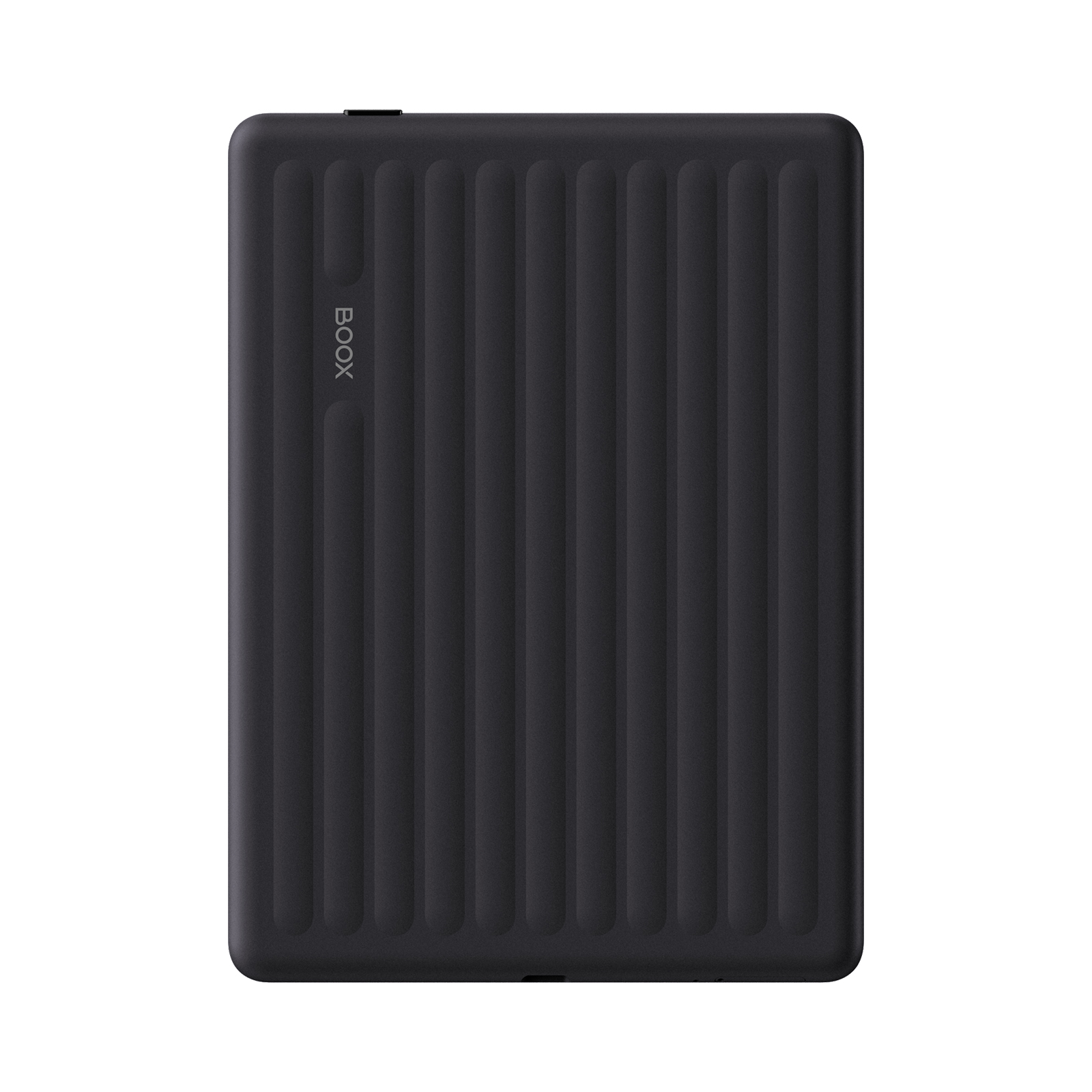 Schwarzes E-Book mit vertikalen Rillen und BOOX-Logo.