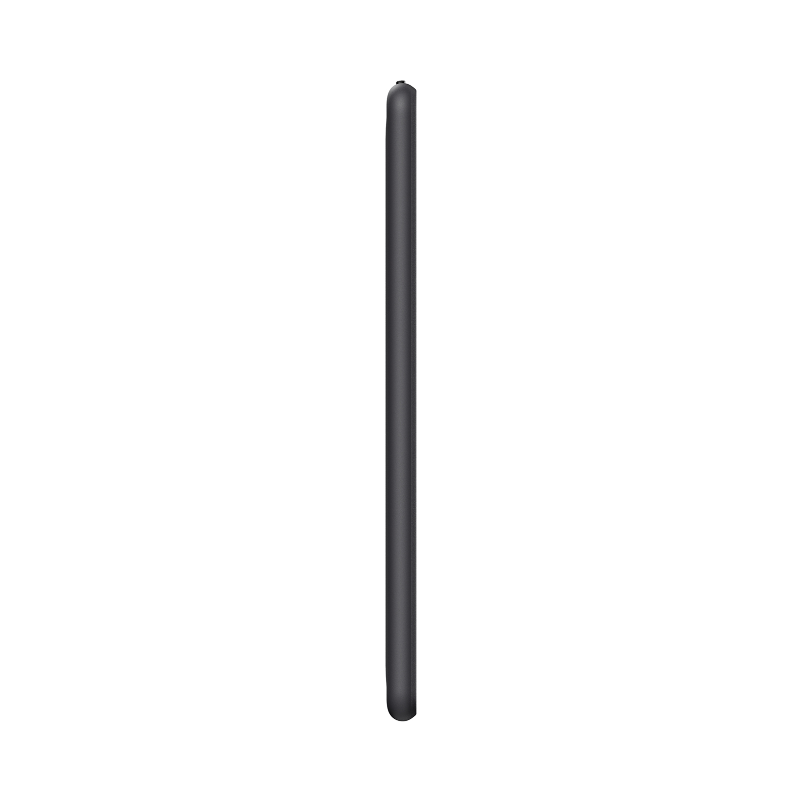 Dunkelgraues Tablet im Hochformat auf weißem Hintergrund, Seitenansicht.