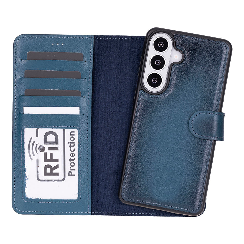 Kart yuvaları ve RFID korumalı mavi cüzdan telefon kılıfı.
