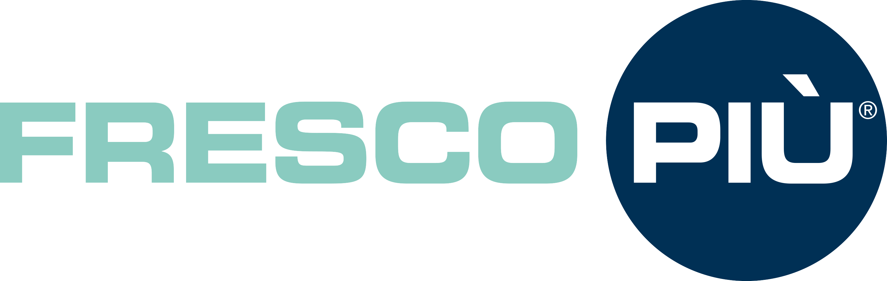 Logotipo FRESCO PIÙ: texto azul claro sobre fondo negro. Círculo azul a la derecha.