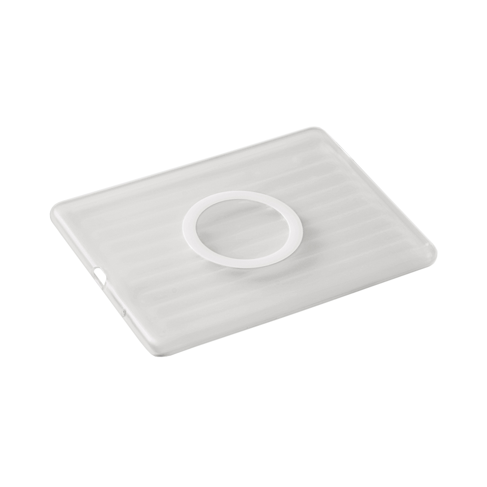 Una funda de teléfono translúcida con un anillo blanco en la parte posterior.