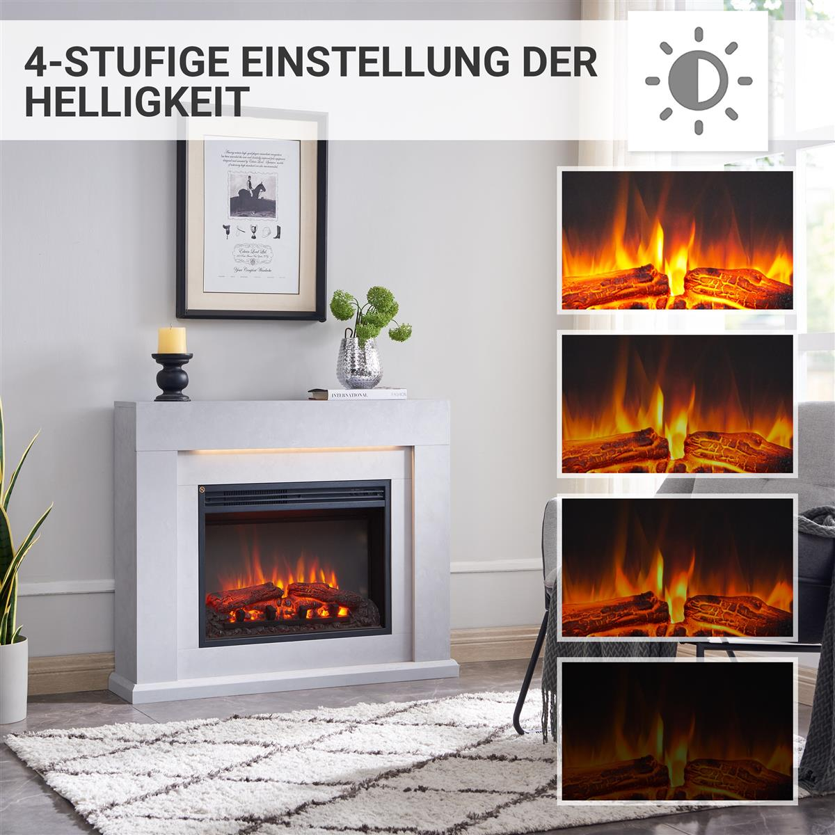 Ein moderner Kamin mit Lichteffekt und Holzbalken, daneben vier Bilder von Flammen.