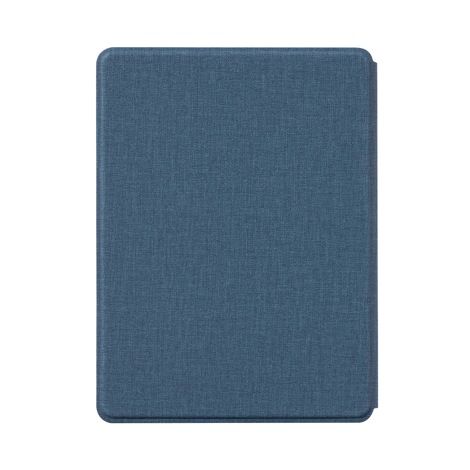 Una funda azul de tela para un lector electrónico, mostrada cerrada.