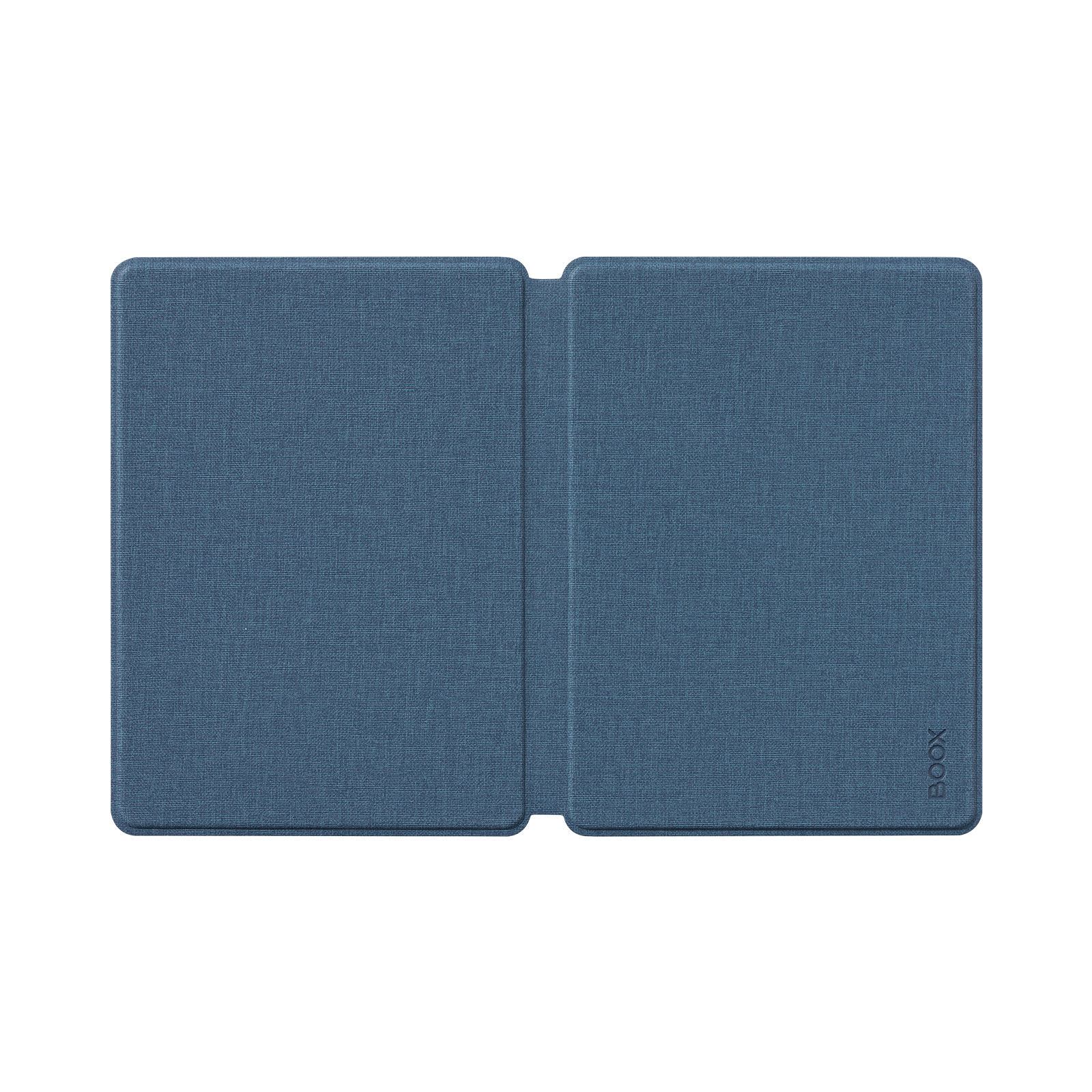 Funda de libro azul texturizada en tela, abierta, con logo BOOX.