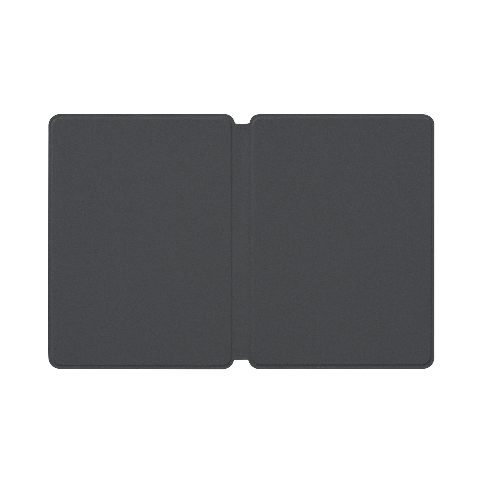 Funda de tablet gris oscuro, abierta, sobre fondo blanco.