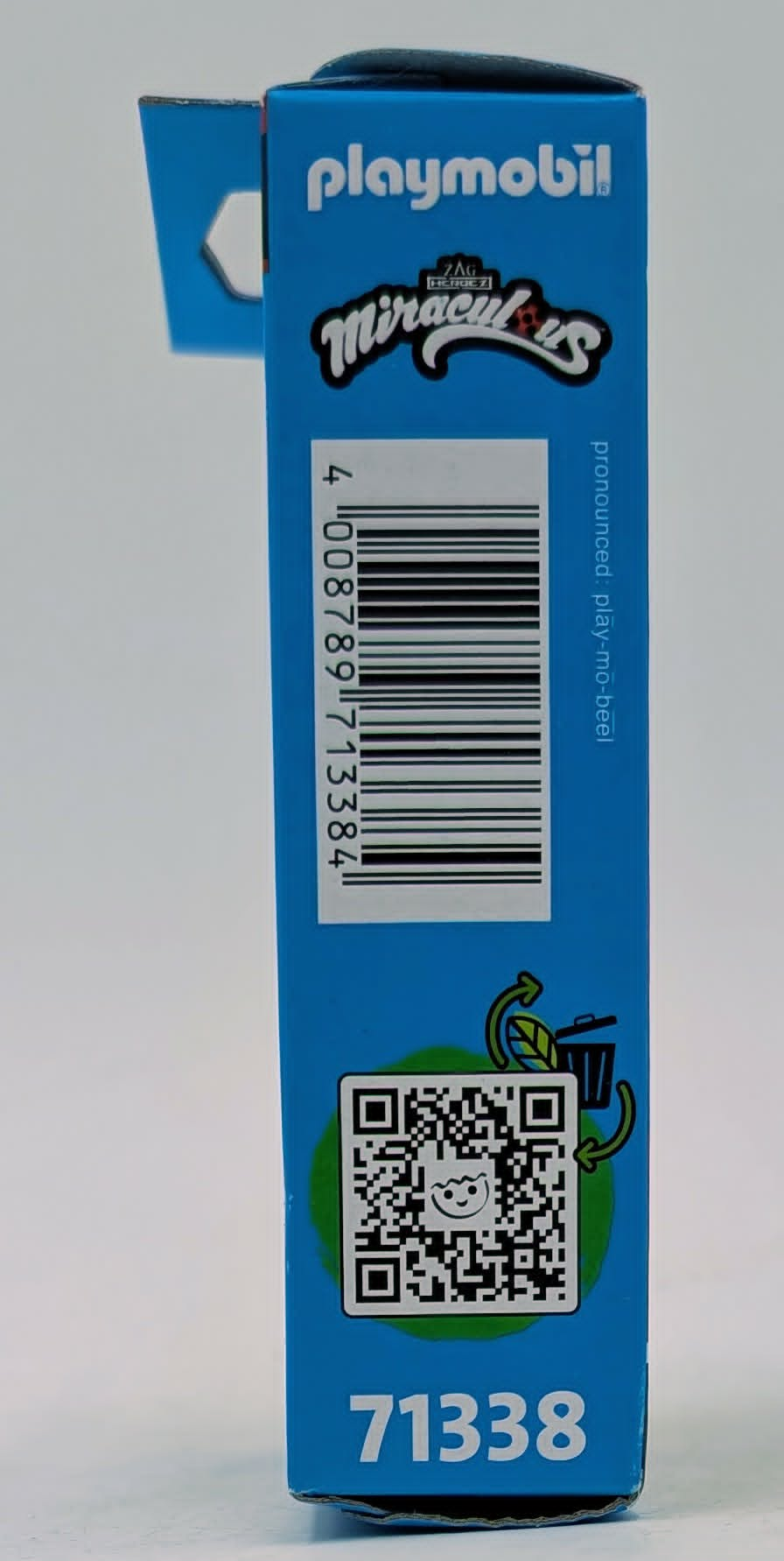 Blaue Playmobil-Verpackung mit Miraculous-Logo, Barcode und QR-Code.