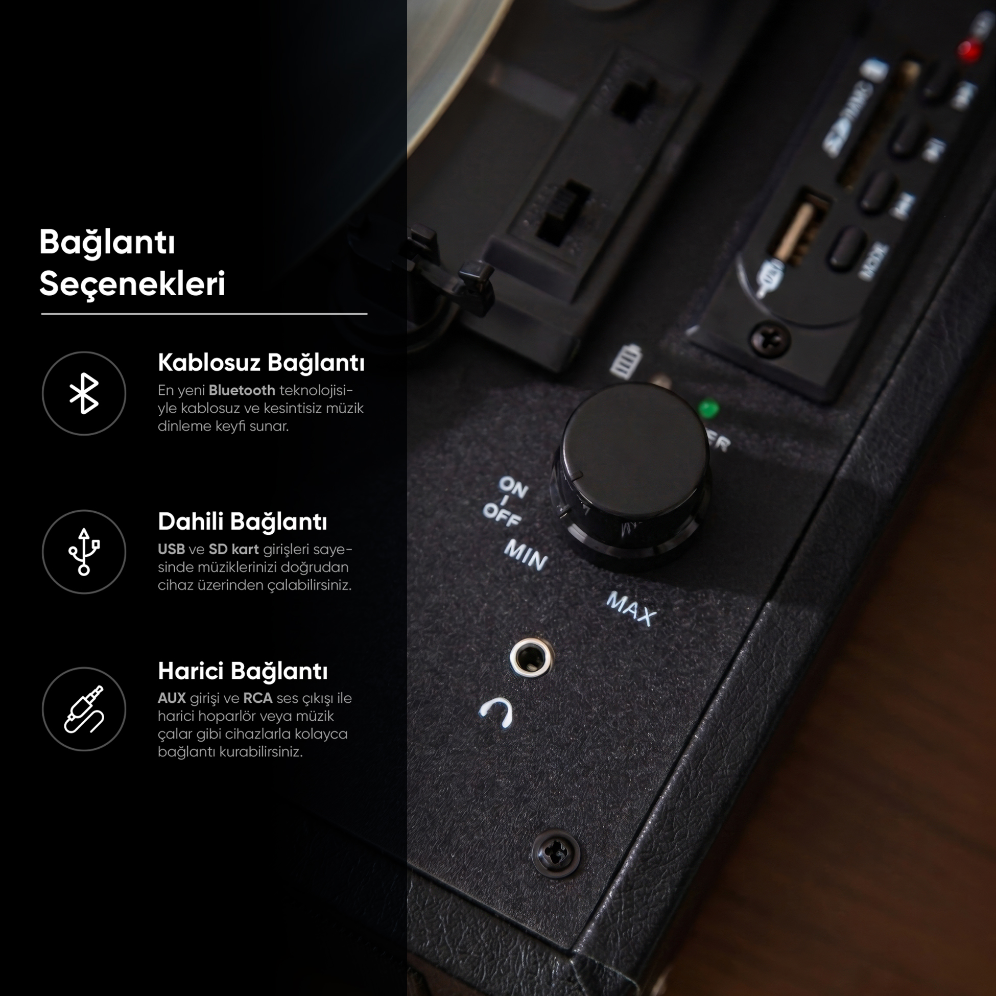 Bluetooth, USB, SD kart, AUX ve RCA bağlantılarını gösteren siyah cihazın yakın çekimi.