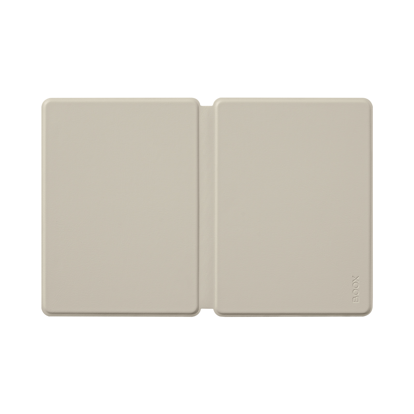 Una funda beige para e-reader, abierta. Se ve el logo 'Boox'.