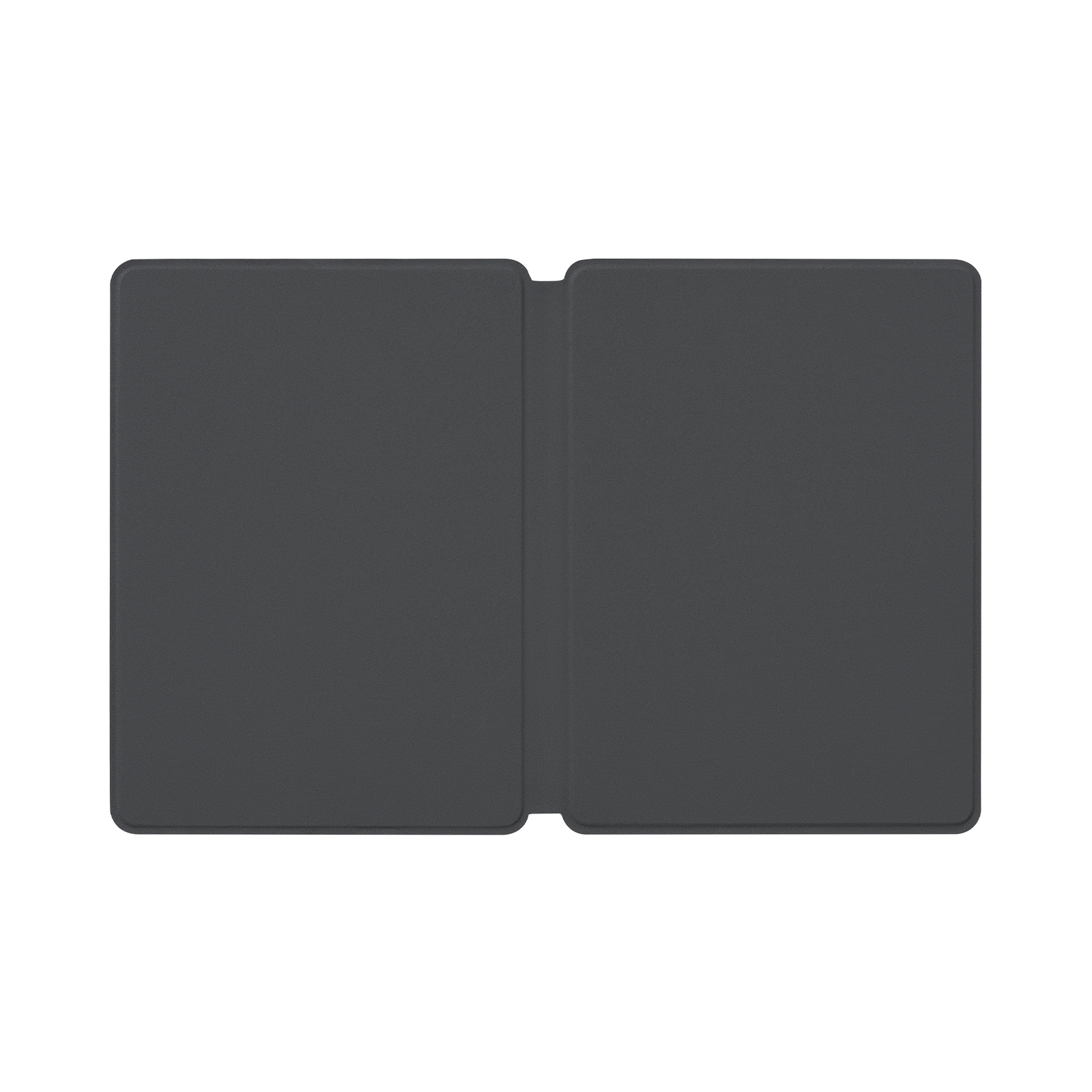Funda gris oscuro para tableta, abierta, sobre fondo blanco.
