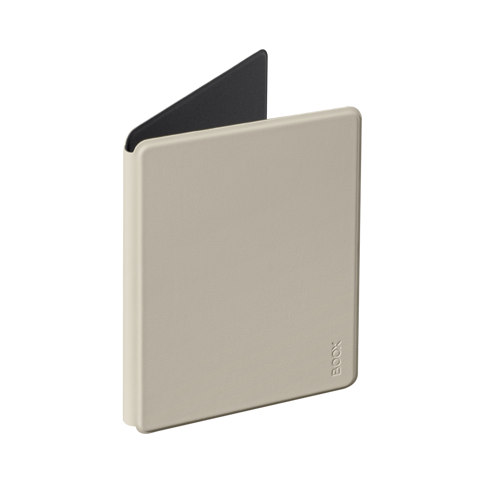 Una funda beige para e-reader con interior negro.