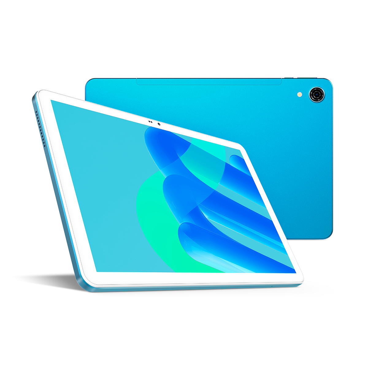 Dos tabletas azules una al lado de la otra, una con la pantalla hacia adelante.