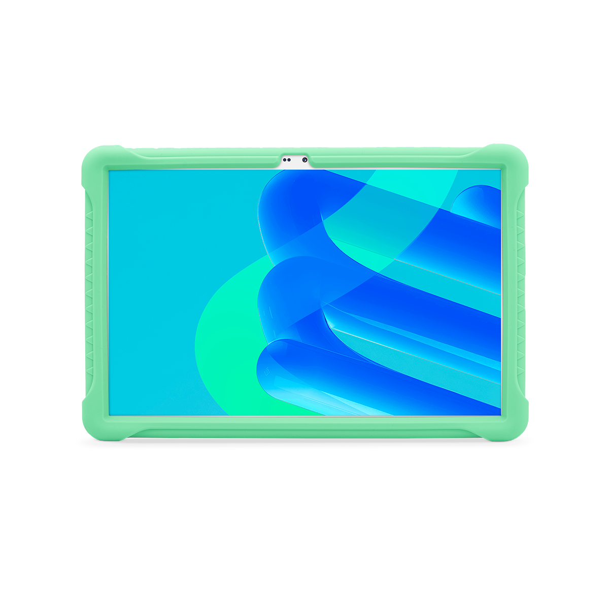 Tableta verde con fondo de pantalla azul y turquesa.
