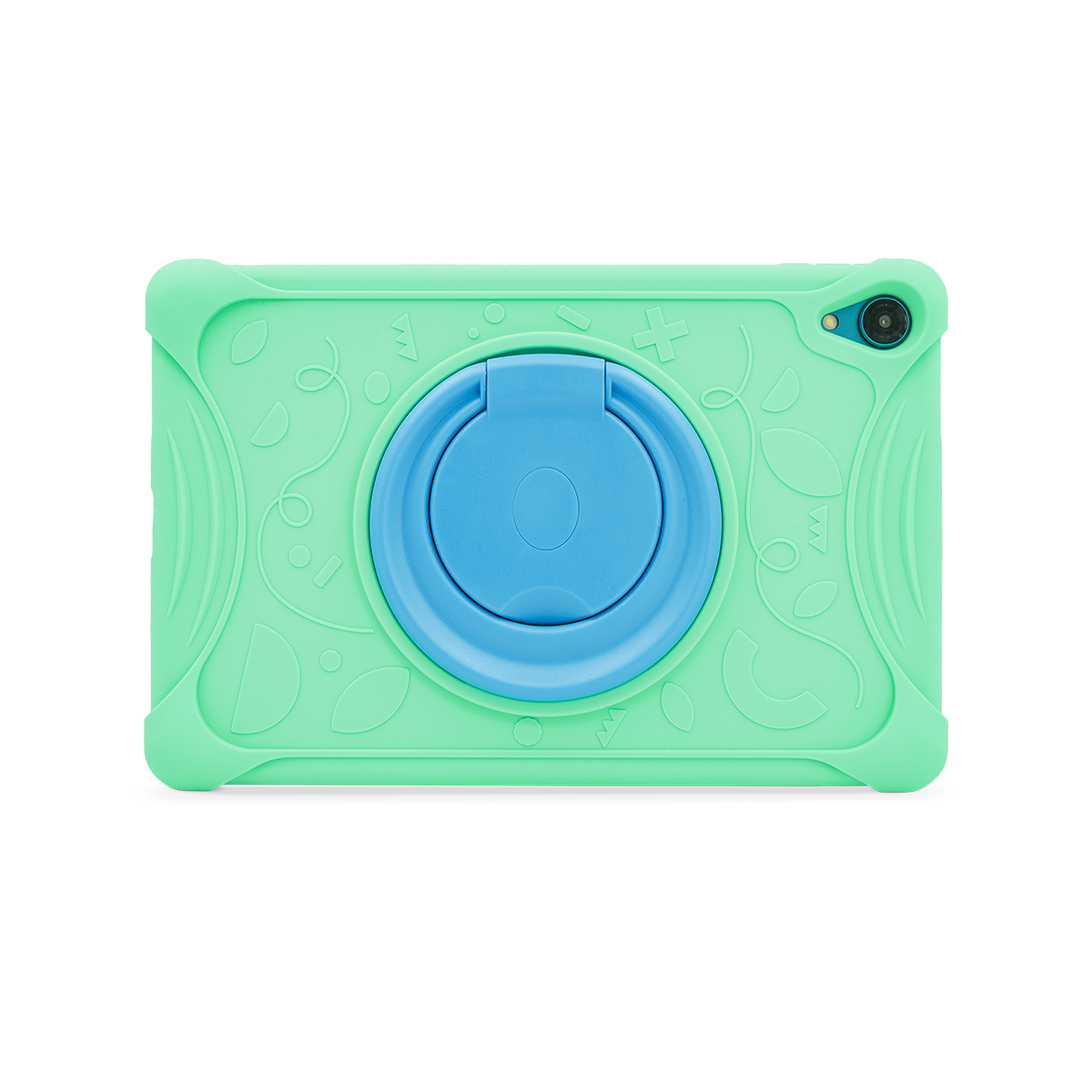 Funda verde para tableta con asa azul y motivos de hojas.