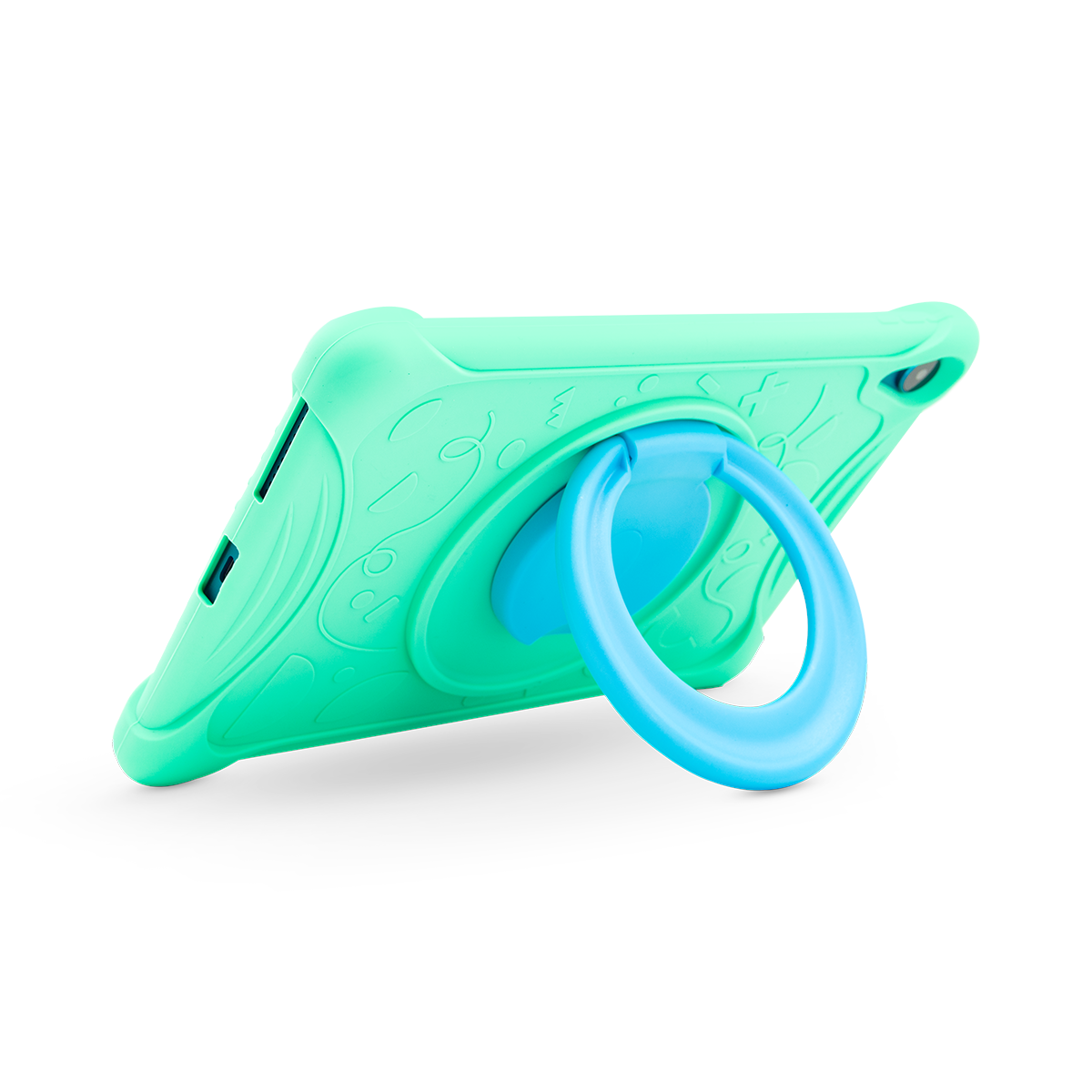 Funda verde para tableta con asa de anillo azul y patrones grabados.