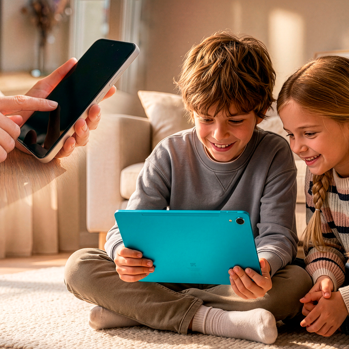 Dos niños sentados en el suelo mirando una tablet azul. Una mano sostiene un smartphone.