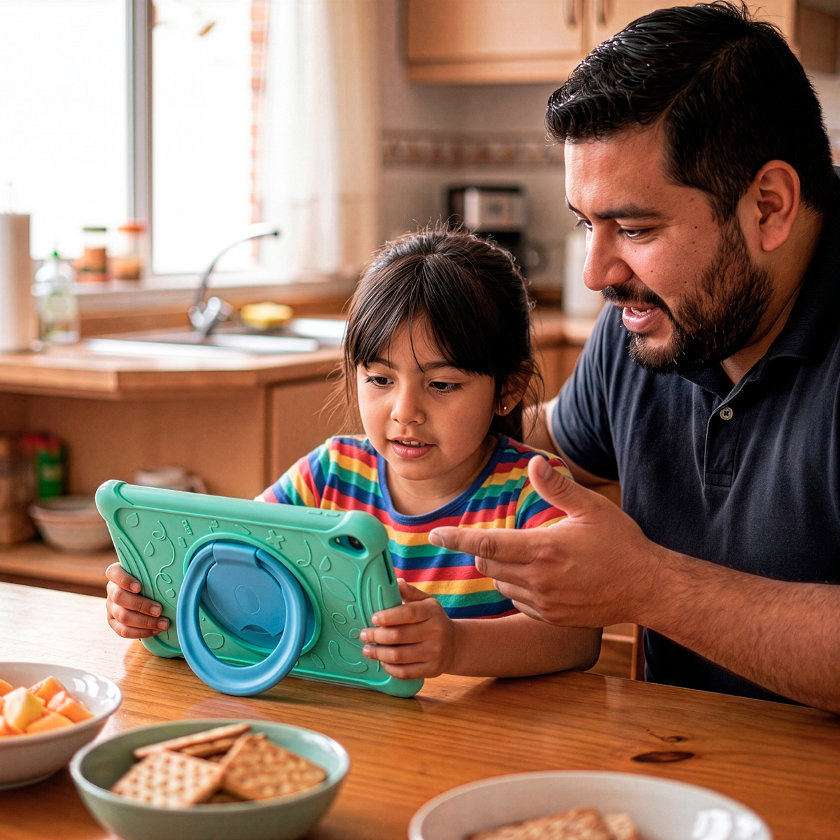 Padre e hija miran una tableta juntos sentados a la mesa.