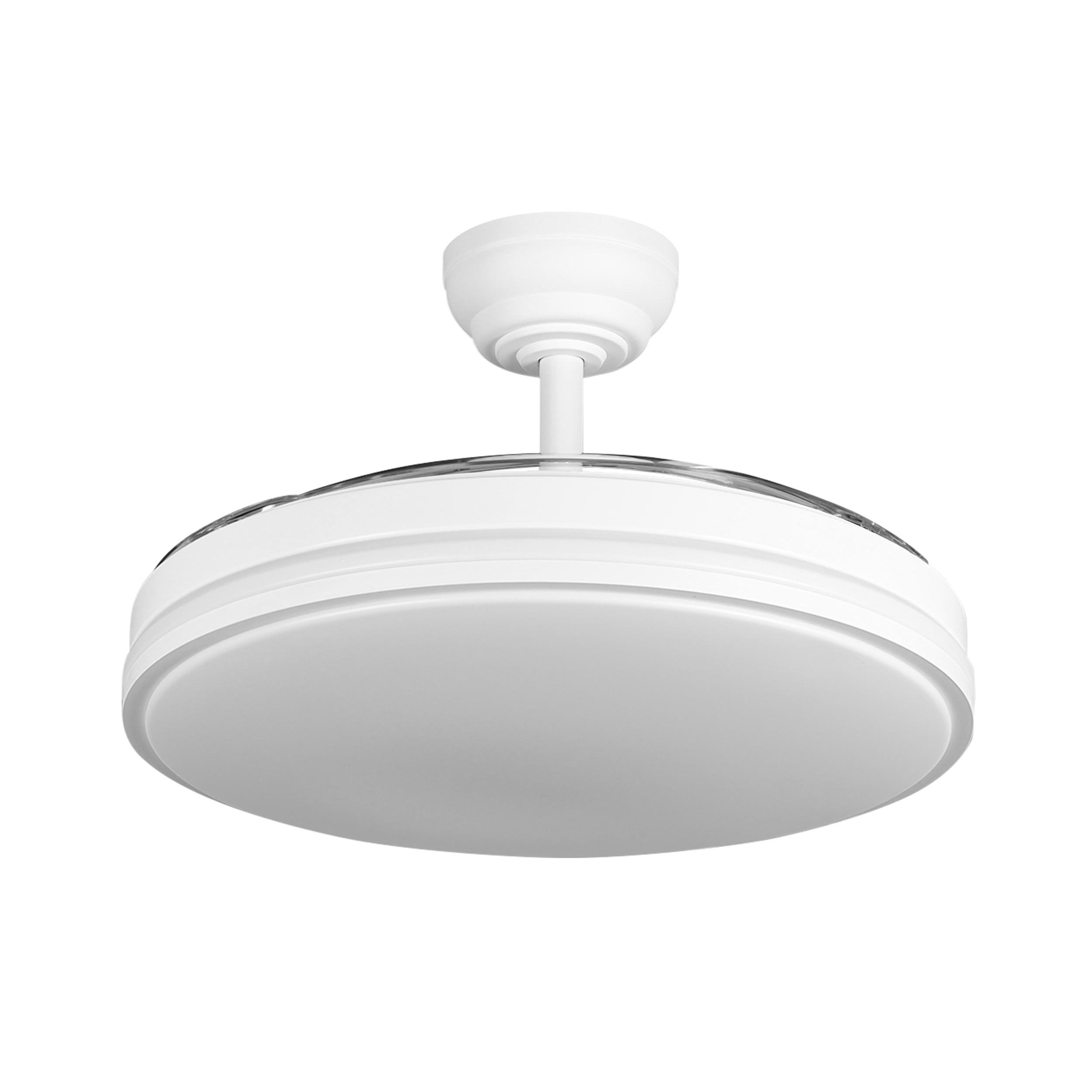 Un ventilador de techo blanco con luz integrada. Tiene forma plana y de disco.
