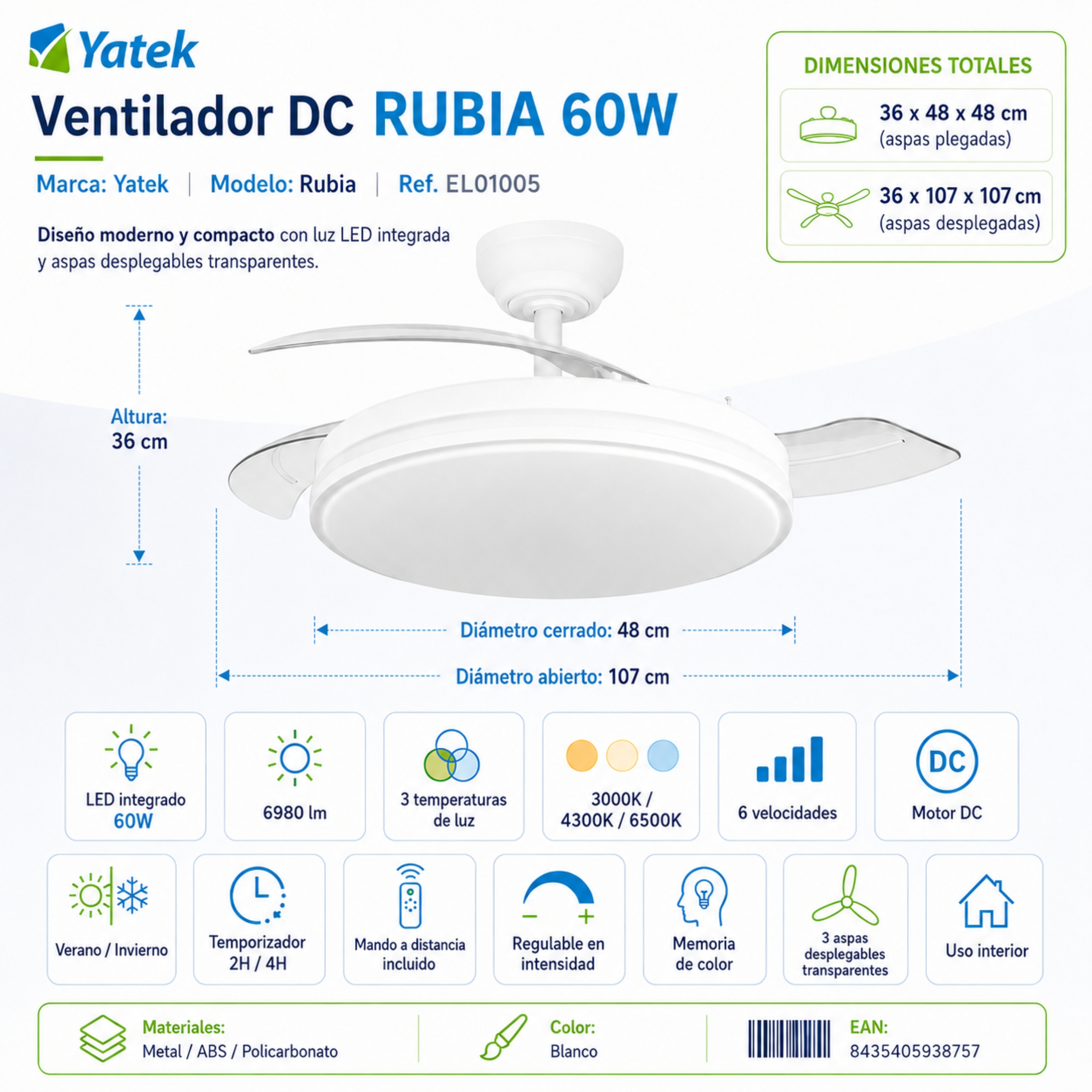 Un ventilador de techo Yatek blanco con LED integrado y aspas transparentes.