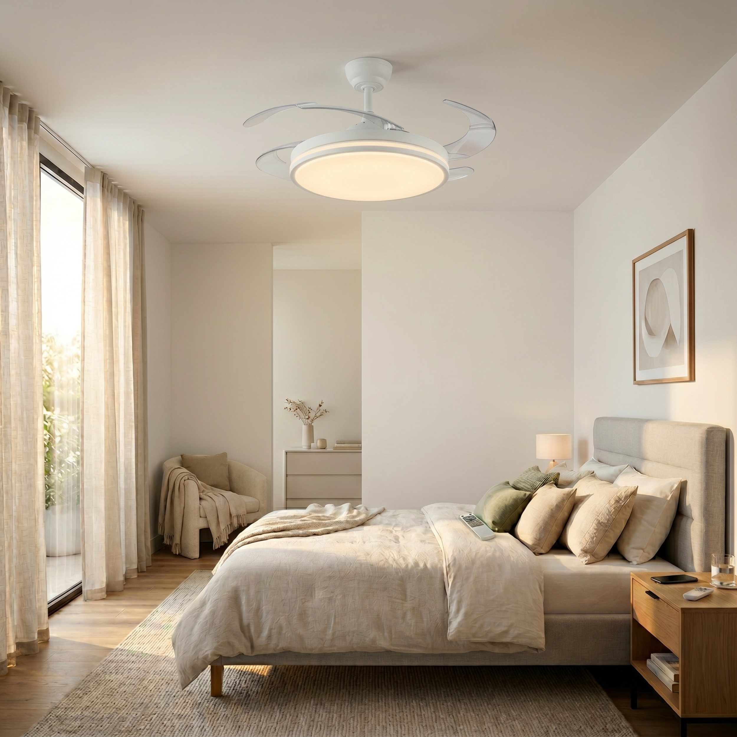 Un dormitorio con cama, mesita de noche, sillón, cortinas y ventilador de techo.