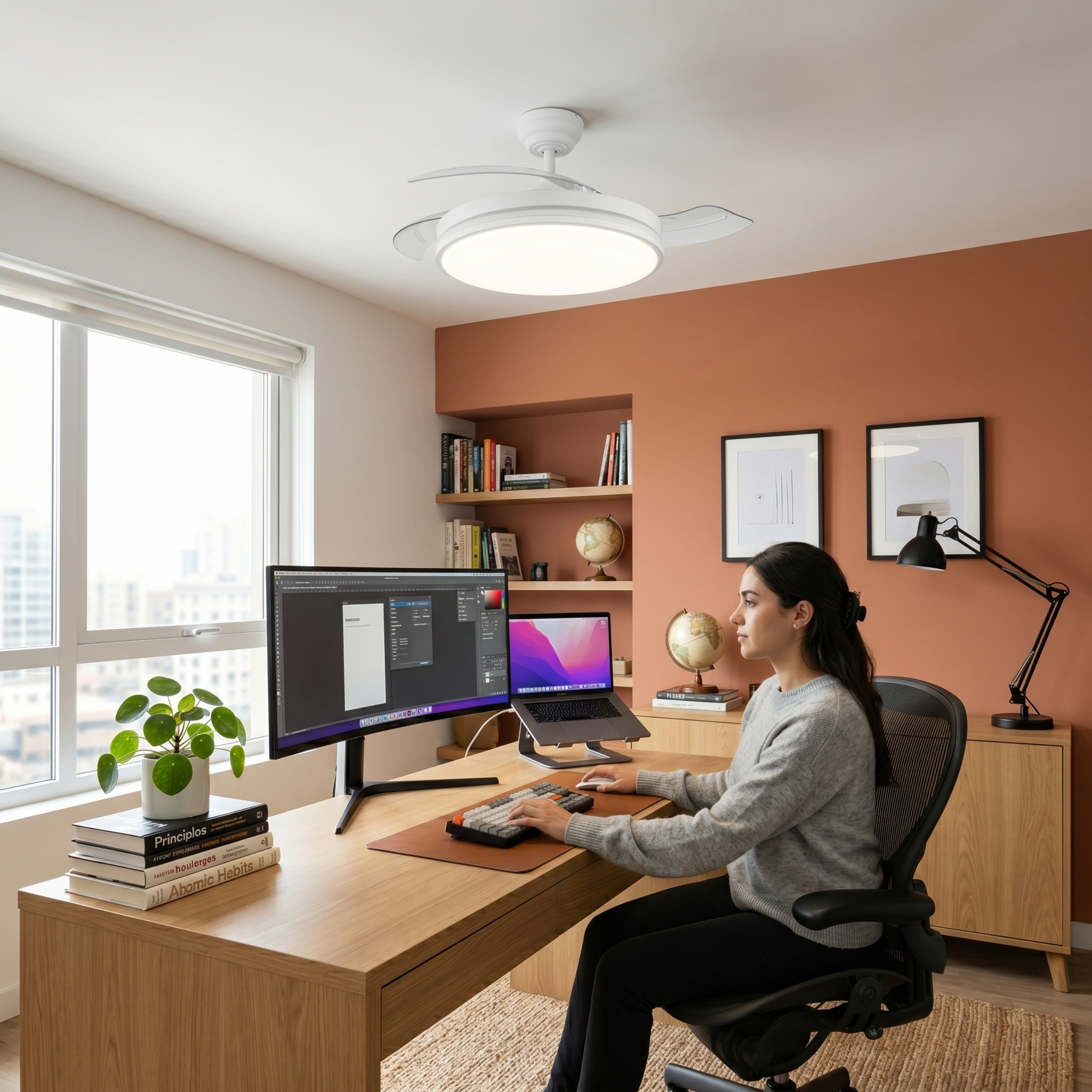 Una mujer se sienta en un escritorio con dos monitores y un portátil. La habitación tiene una pared naranja.