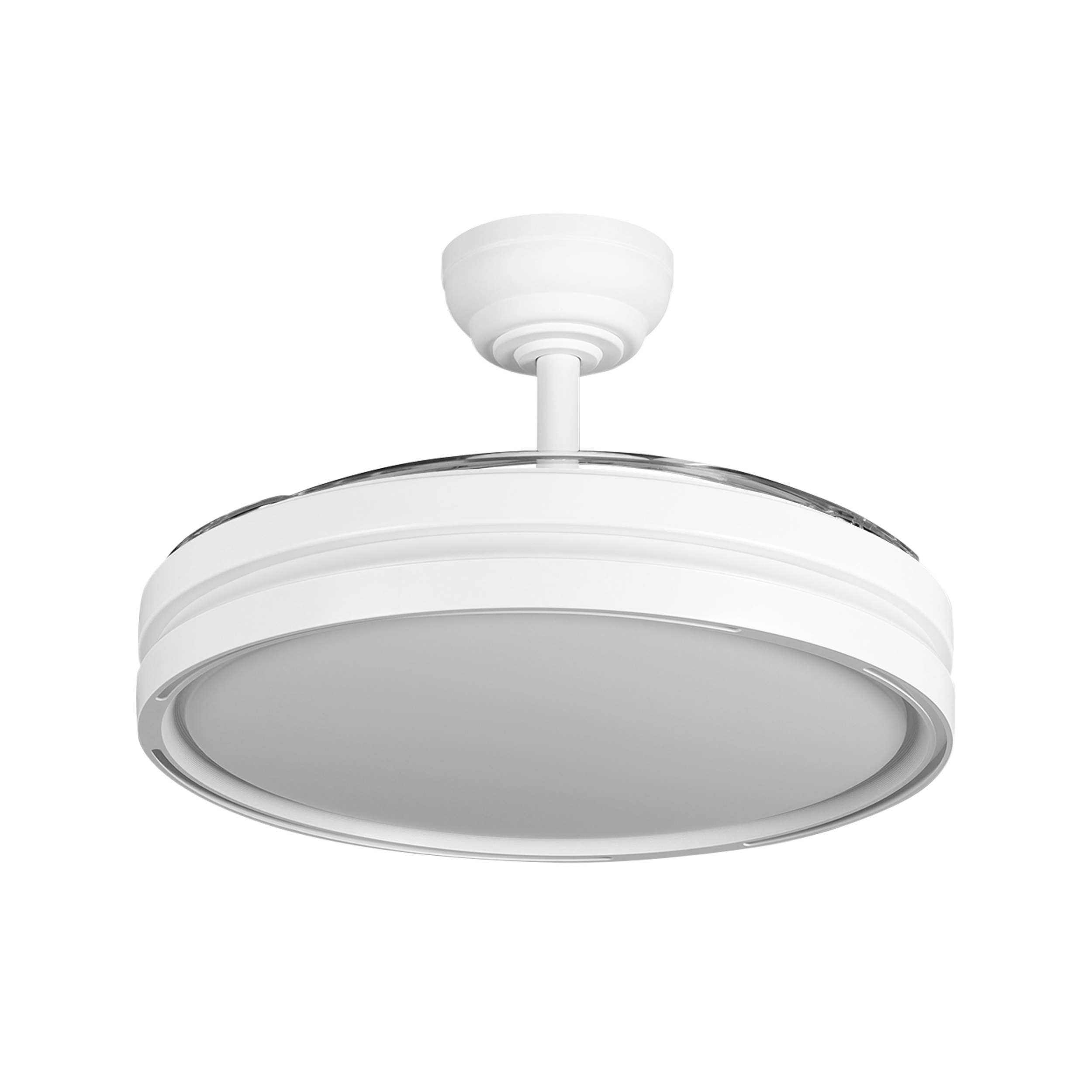 Moderno ventilador de techo blanco con luz integrada.
