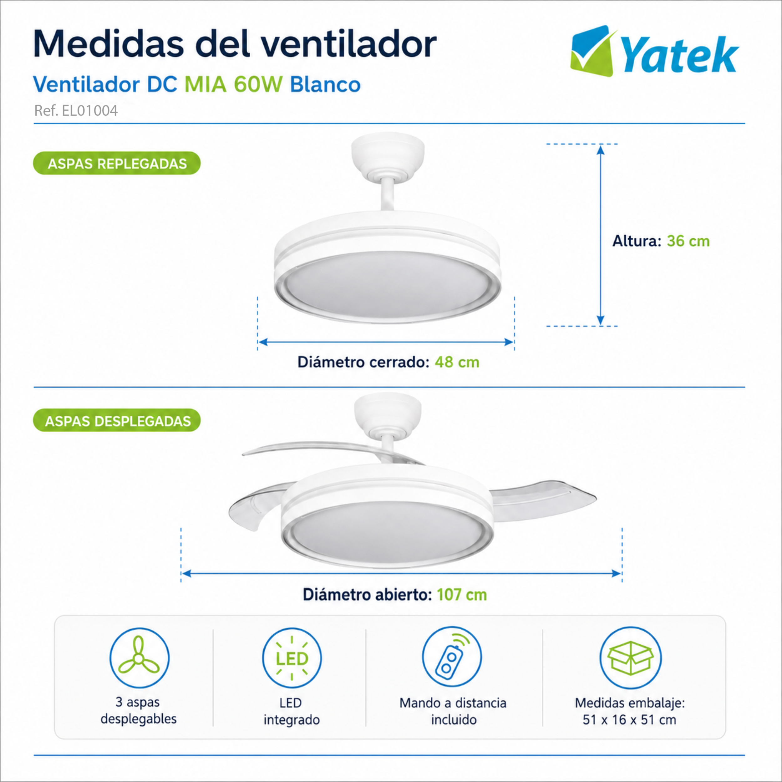 Un ventilador de techo blanco con aspas retráctiles y luz LED.