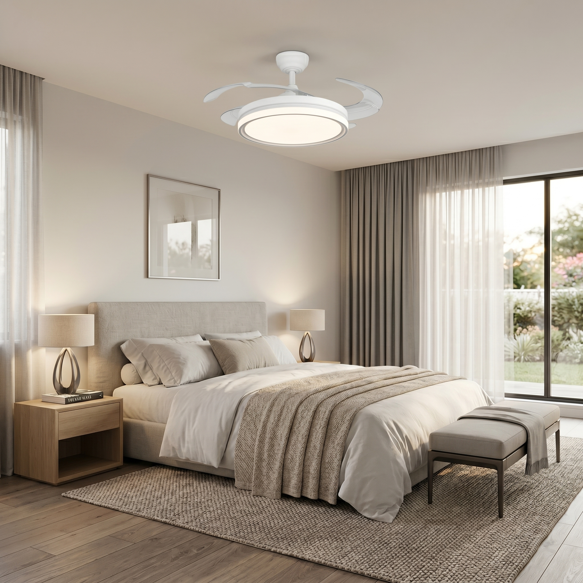Un dormitorio con cama, mesitas de noche, ventilador de techo y ventanas con vistas a un jardín.