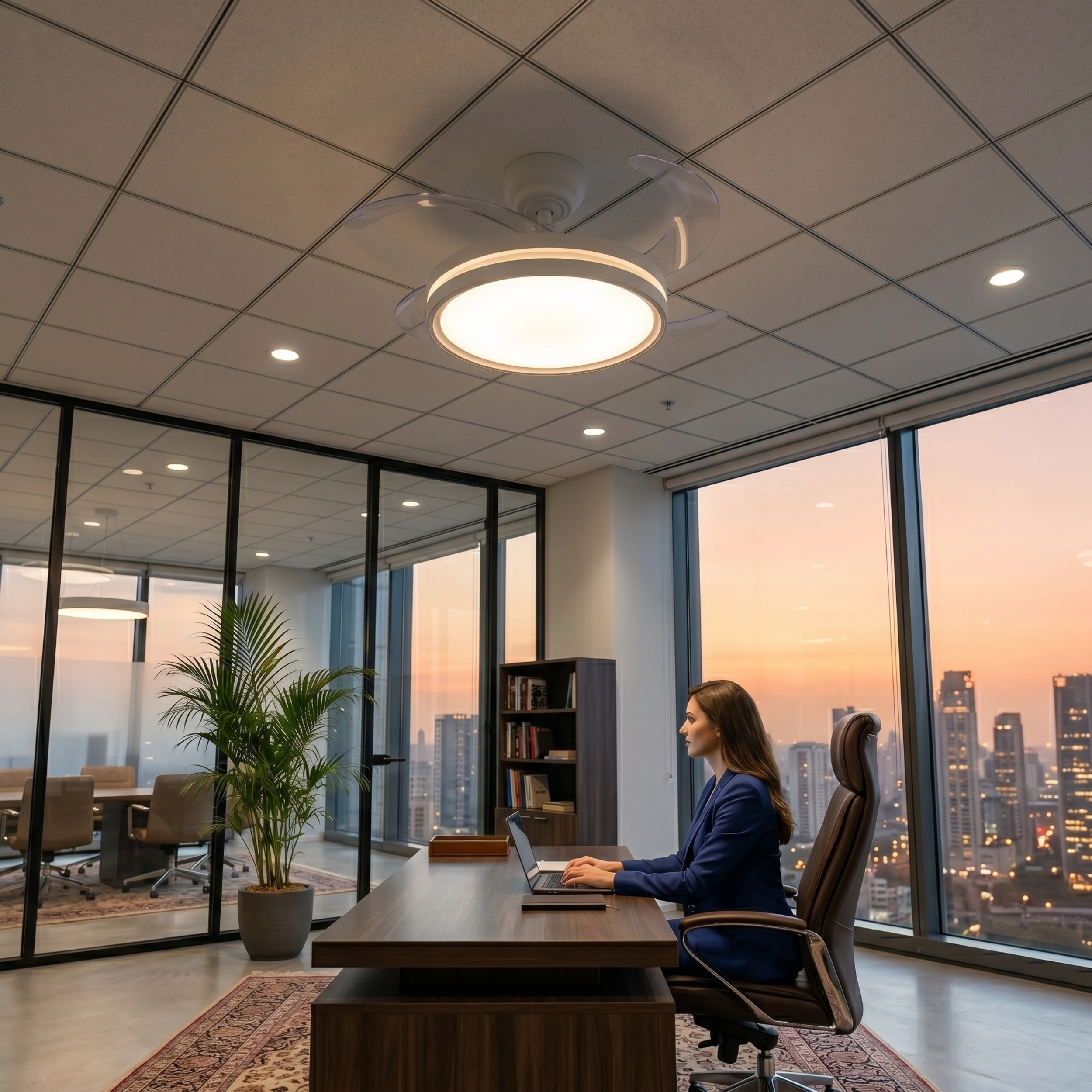 Mujer trabaja en portátil en oficina moderna con vistas a la ciudad al atardecer.