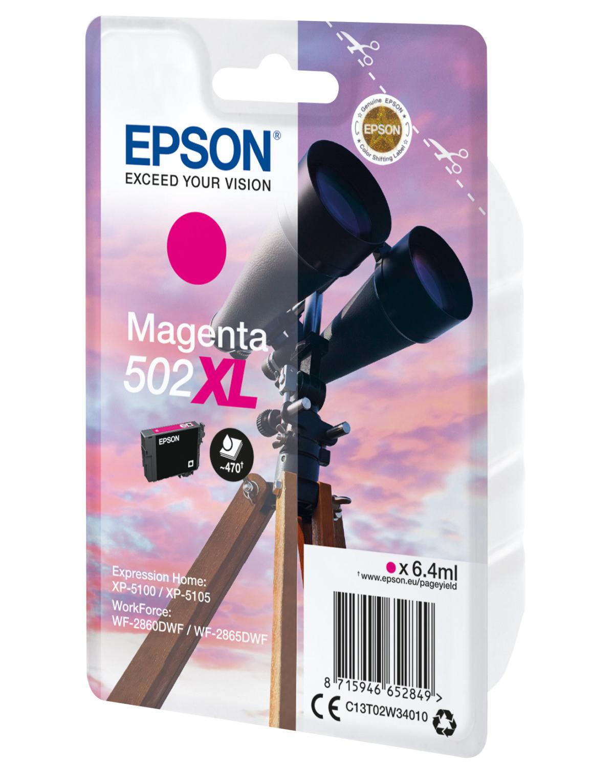 Cartuccia d'inchiostro Epson Magenta 502XL con binocolo, treppiede in legno e cielo.