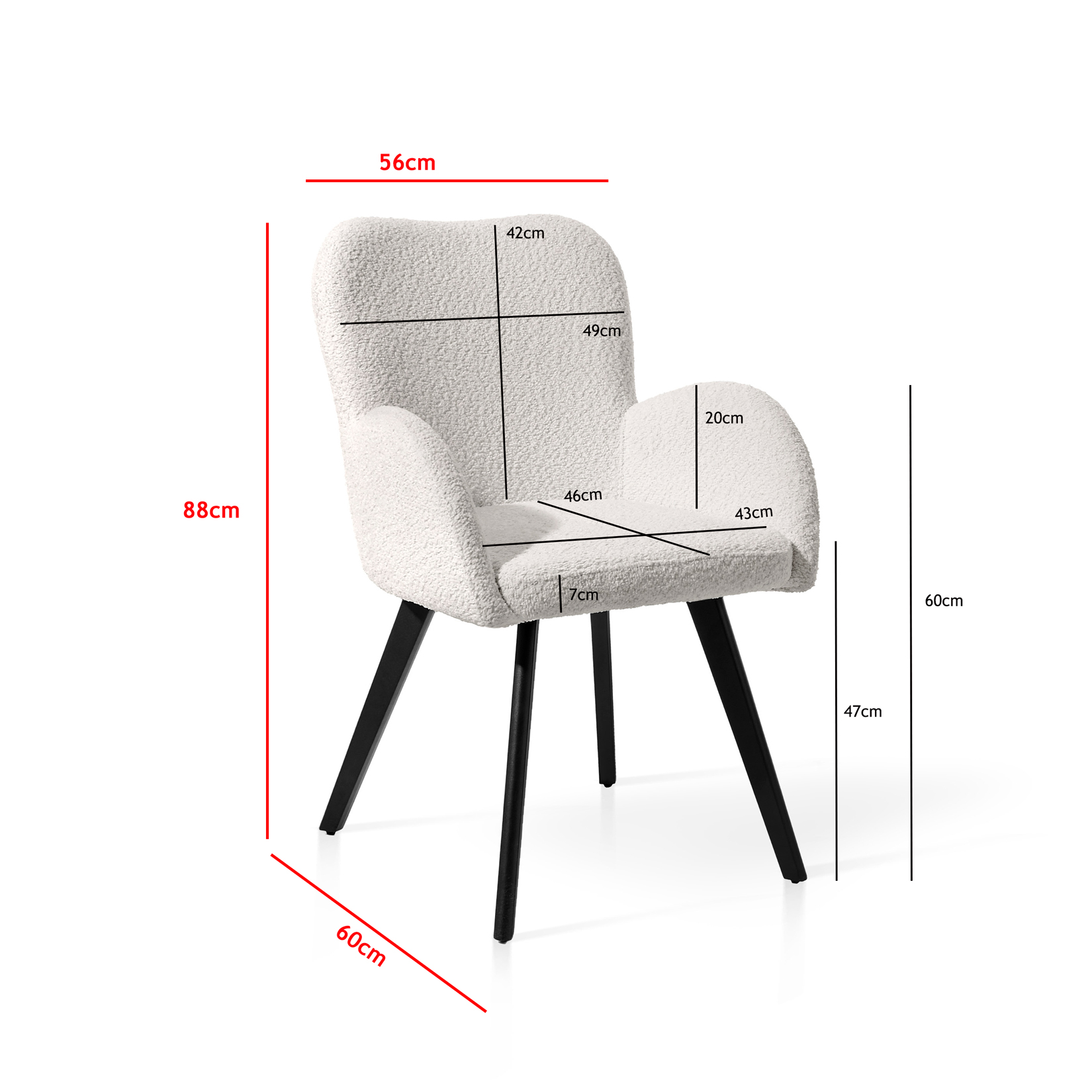 Un sillón blanco de tejido bouclé con patas negras, se muestran las dimensiones.