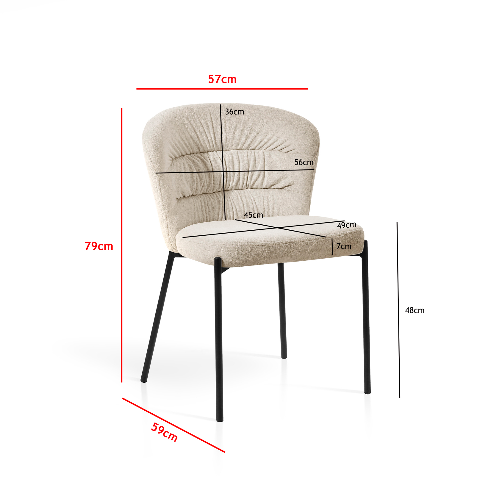 Silla beige con patas negras, se indican las dimensiones.