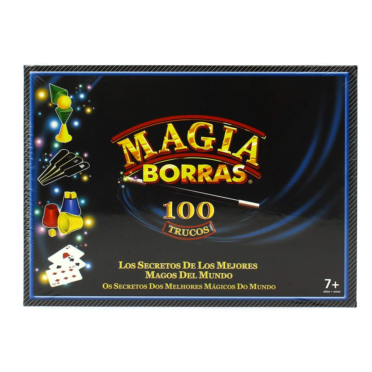 Caja negra con tema de magia, accesorios de mago y texto para 100 trucos.