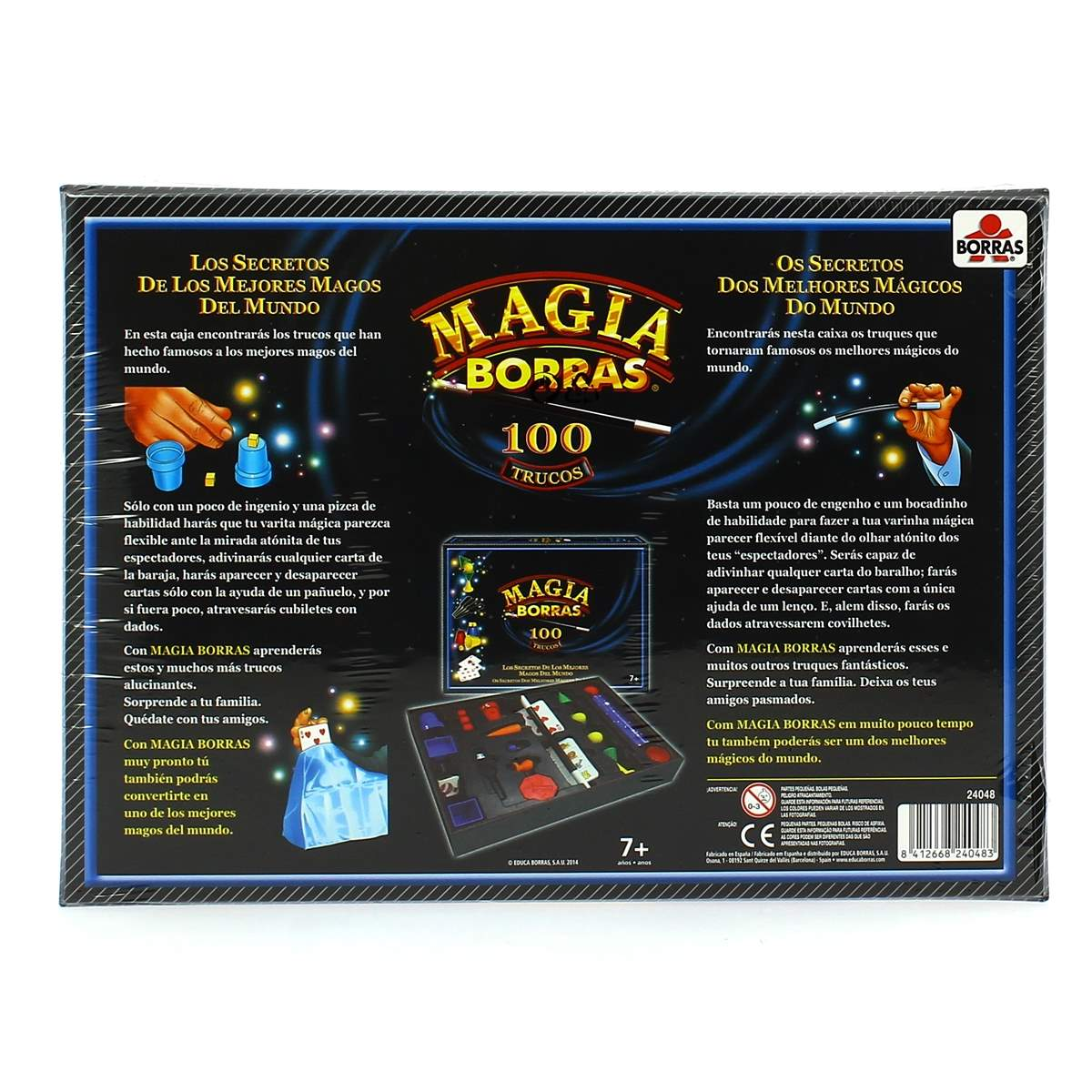 Caja del juego Magia Borras 100 Trucos con ilustraciones de manos, varitas y componentes.