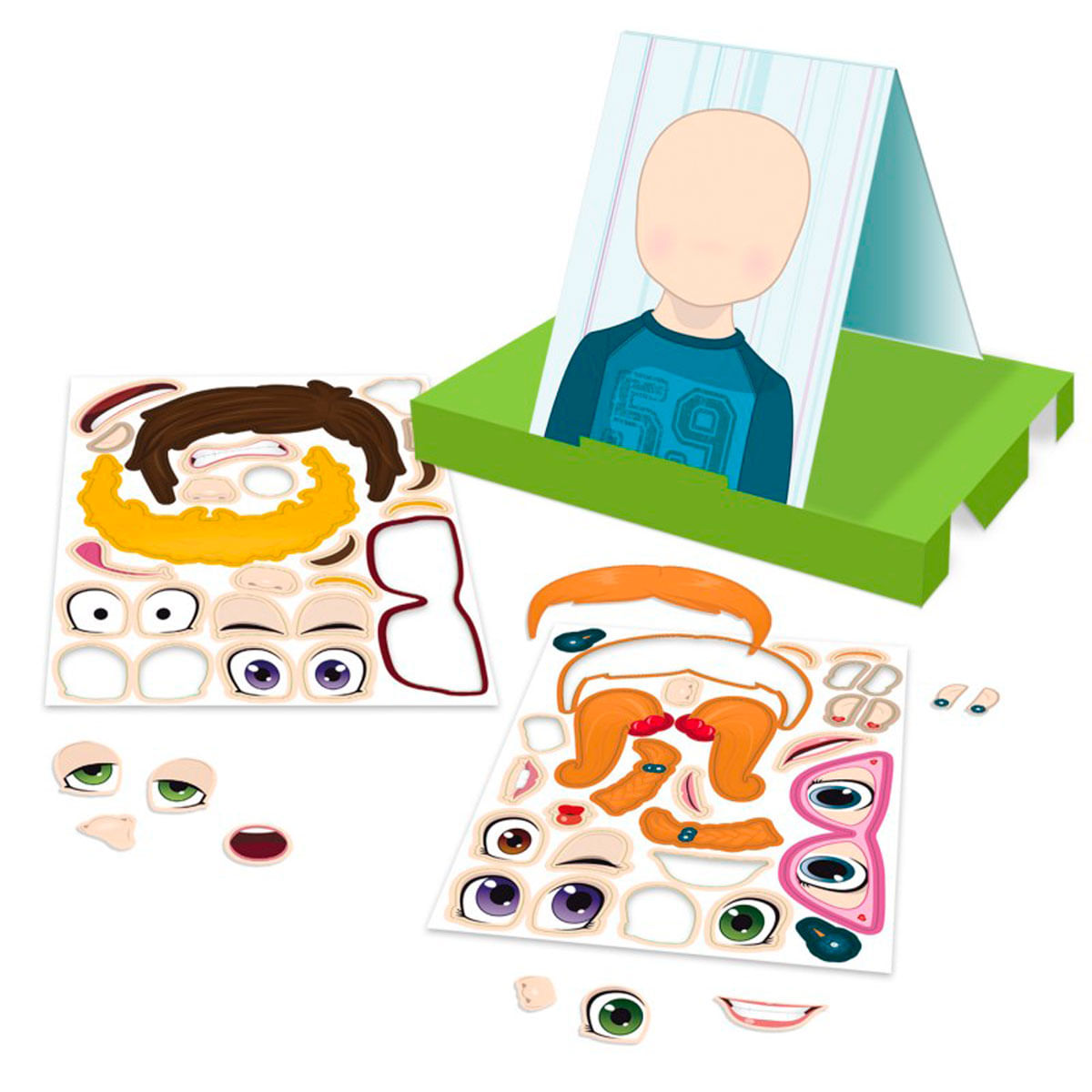 Juego para crear caras con ojos, narices, bocas y pelos variados.