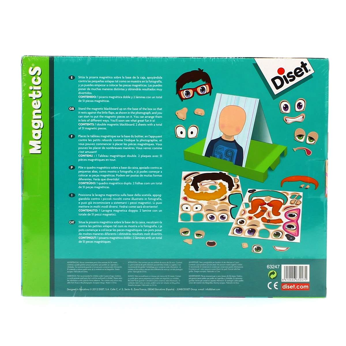 Set de juego magnético con pizarra, piezas para caras e instrucciones.