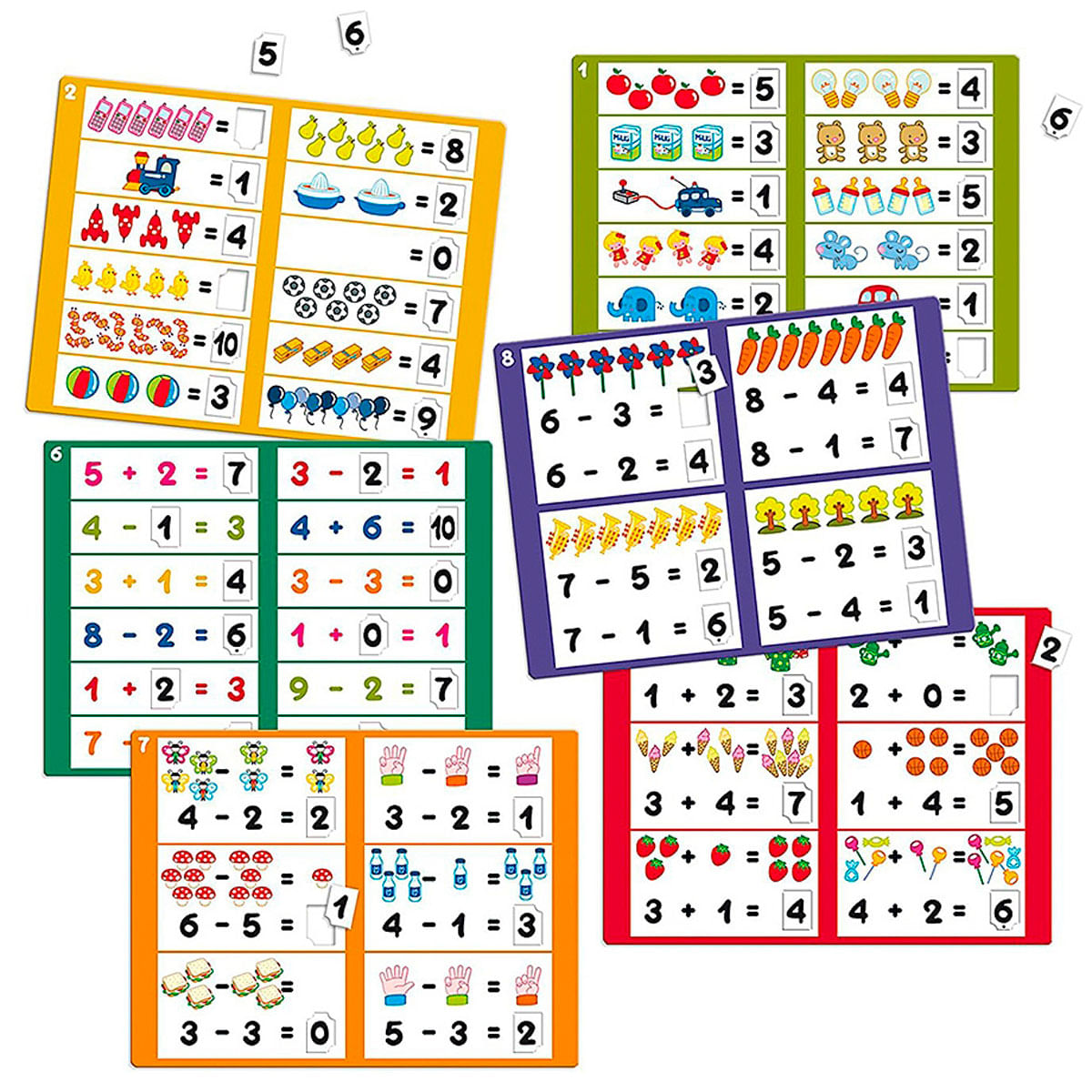 Tarjetas educativas de matemáticas con objetos y ecuaciones. Varios problemas matemáticos.