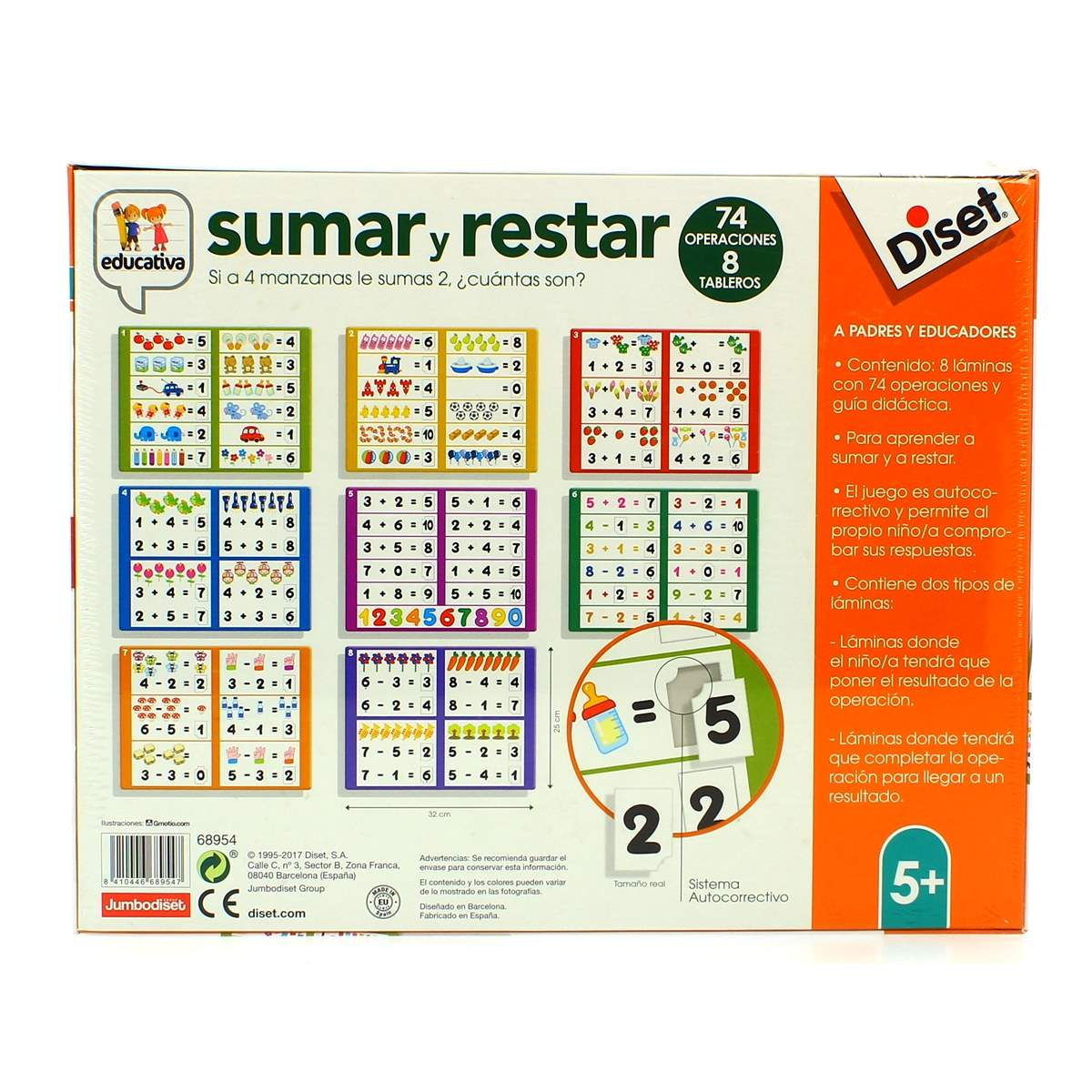 Embalaje de un juego educativo de sumas y restas con ejemplos de operaciones.