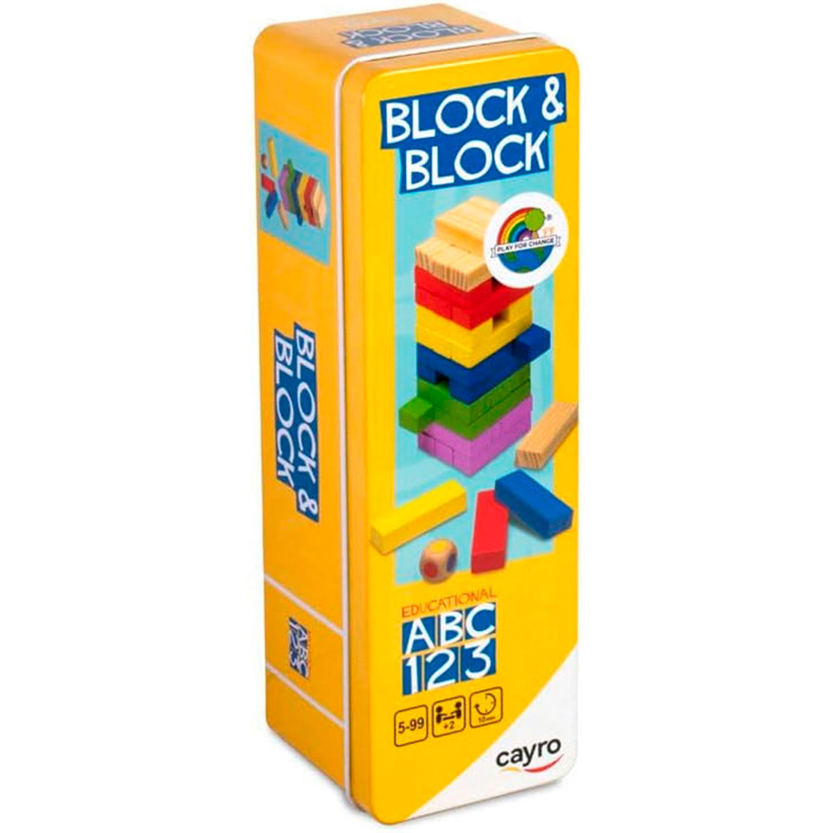 Caja de juguete amarilla con bloques coloridos y estampado ABC 123.