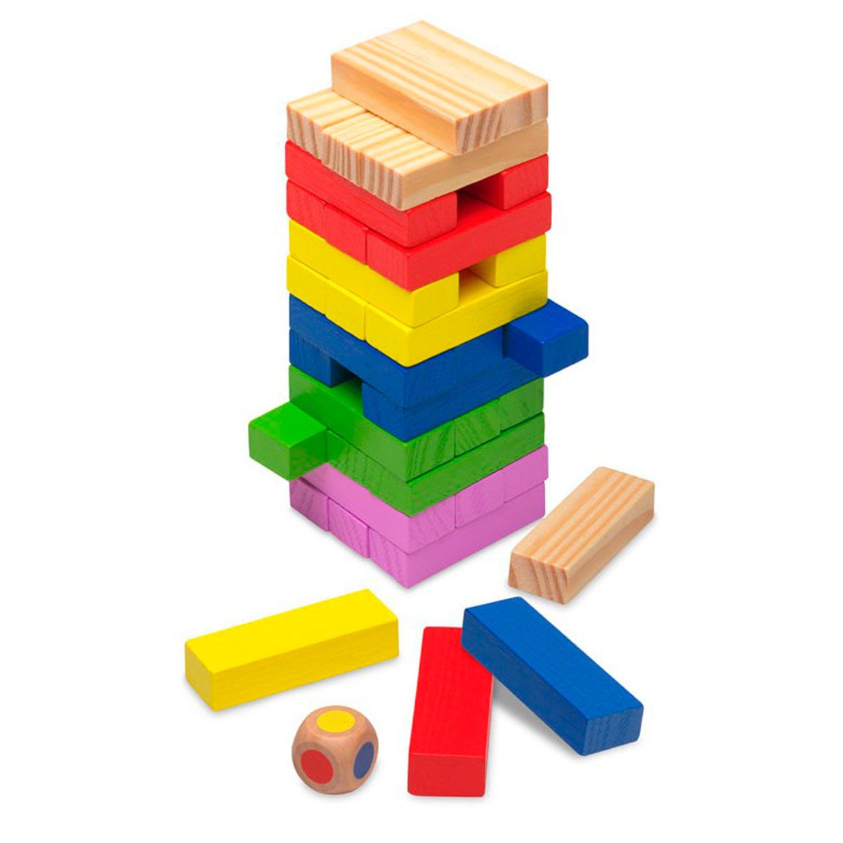 Una colorida torre Jenga con algunos bloques extraídos y un dado.