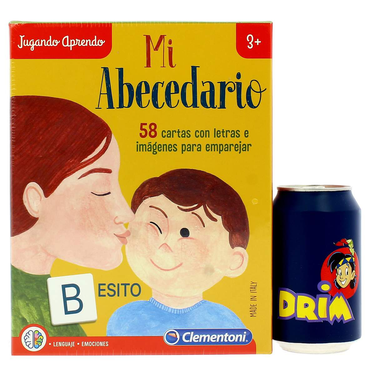 Un juego de cartas infantil con letras e imágenes, junto a una lata azul.