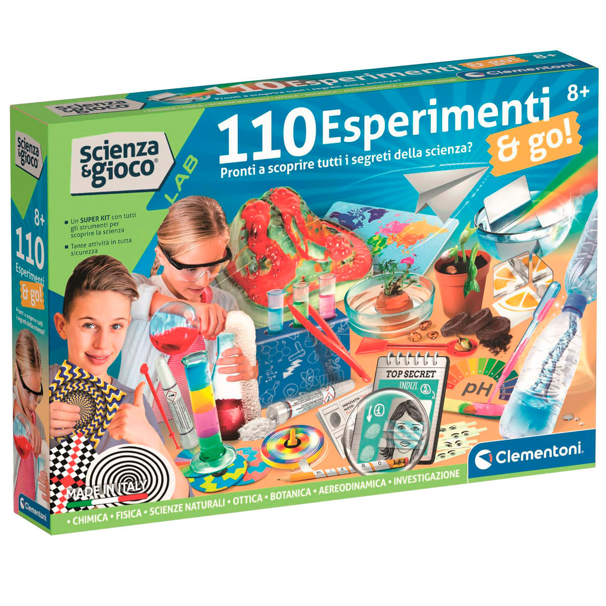 Un kit de experimentos científicos con niños, tubos de ensayo, un volcán y un arcoíris.