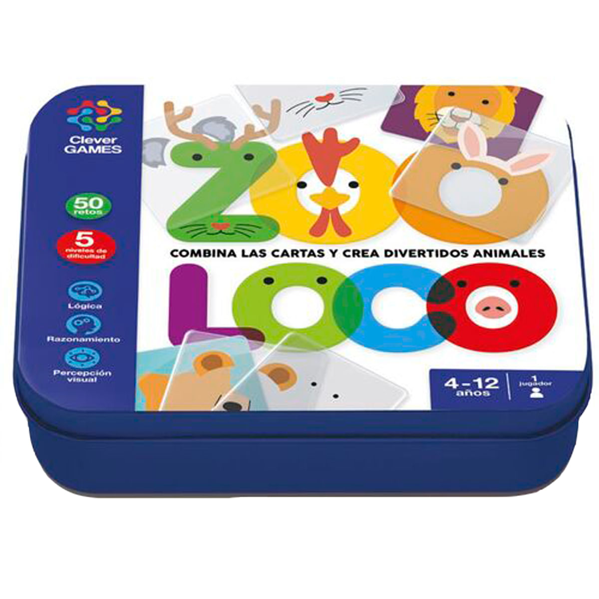 Caja de juego con cartas de animales coloridas para el juego Zoo Loco.